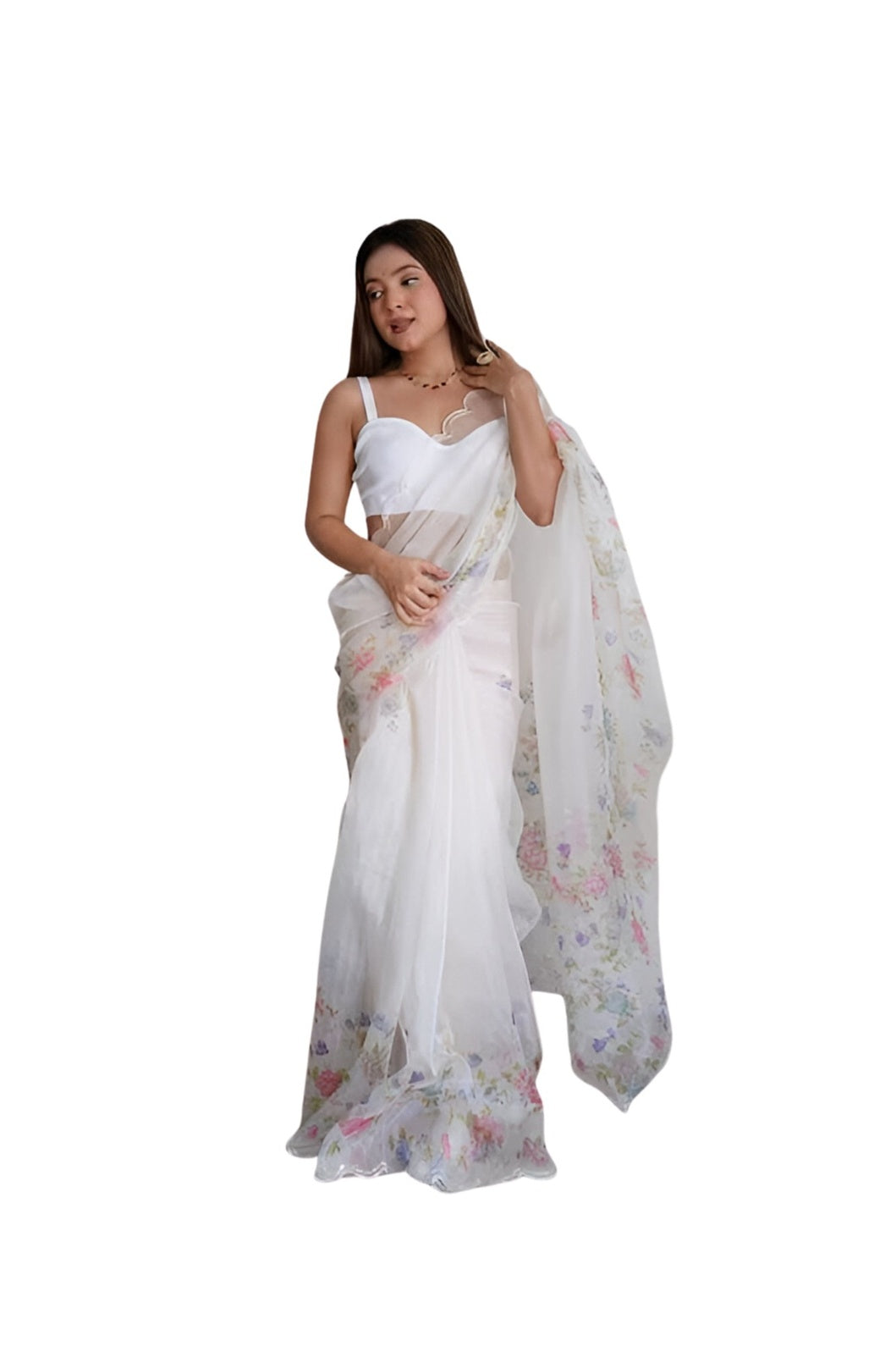 Model in full pose wearing white fairy-like organza saree