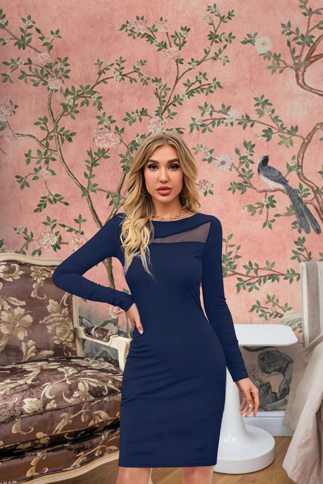 Model wearing Cerulean Cipher blue full sleeve dress – front view in soft-lit ambiance