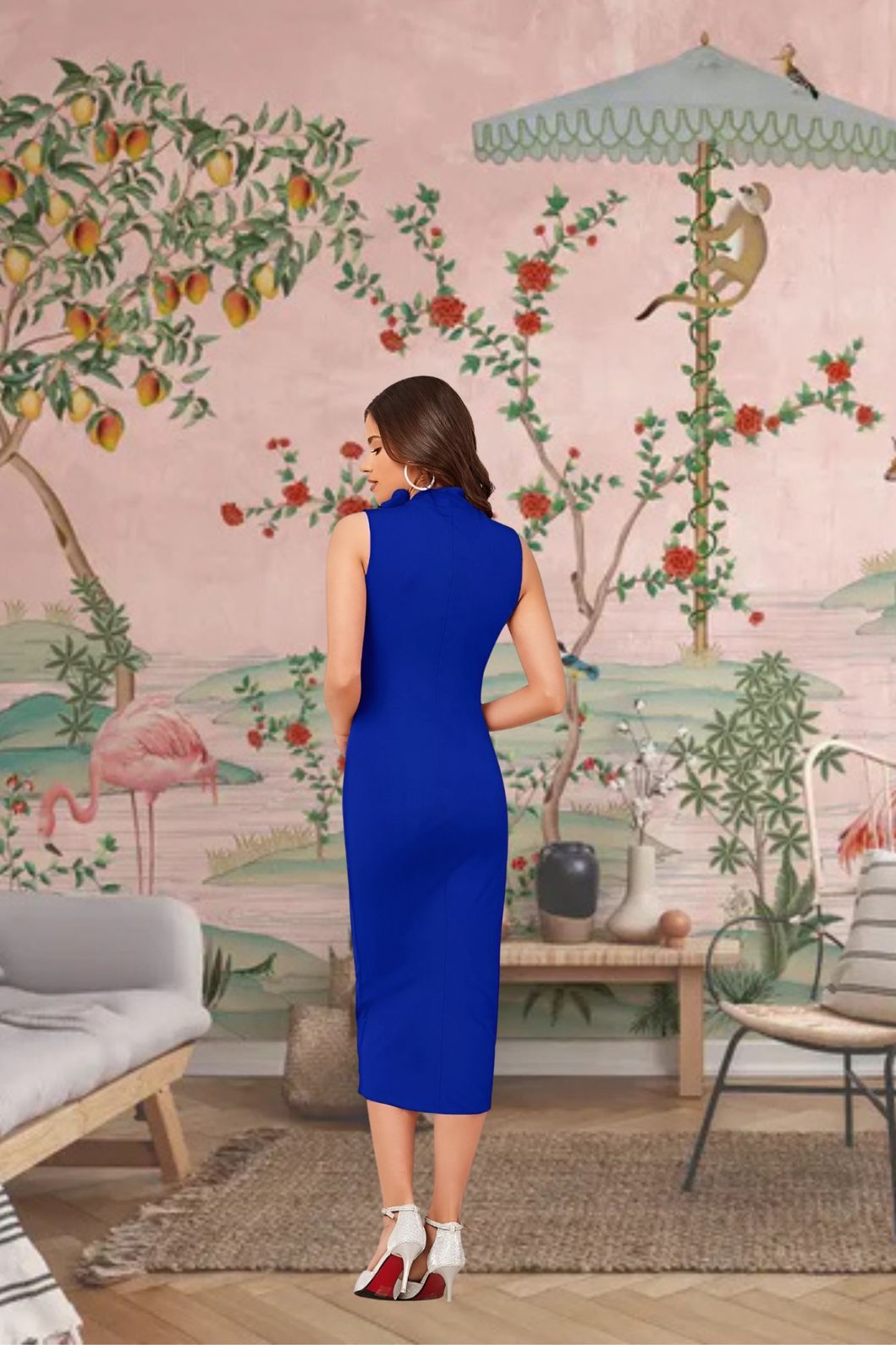 Back shot of ribboned blue dress – elegant and fluid