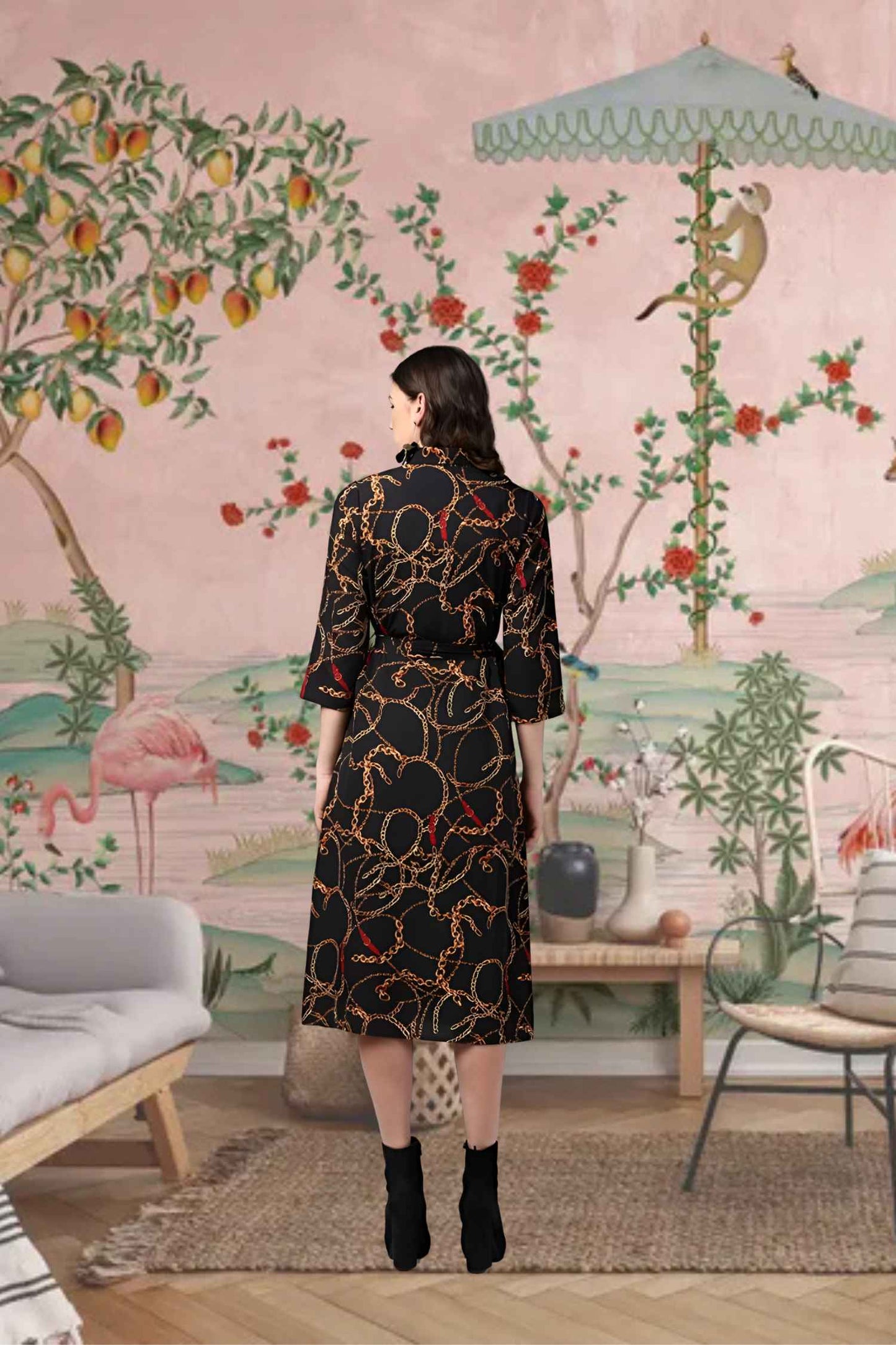 Rear angle showing print’s dangerous drape