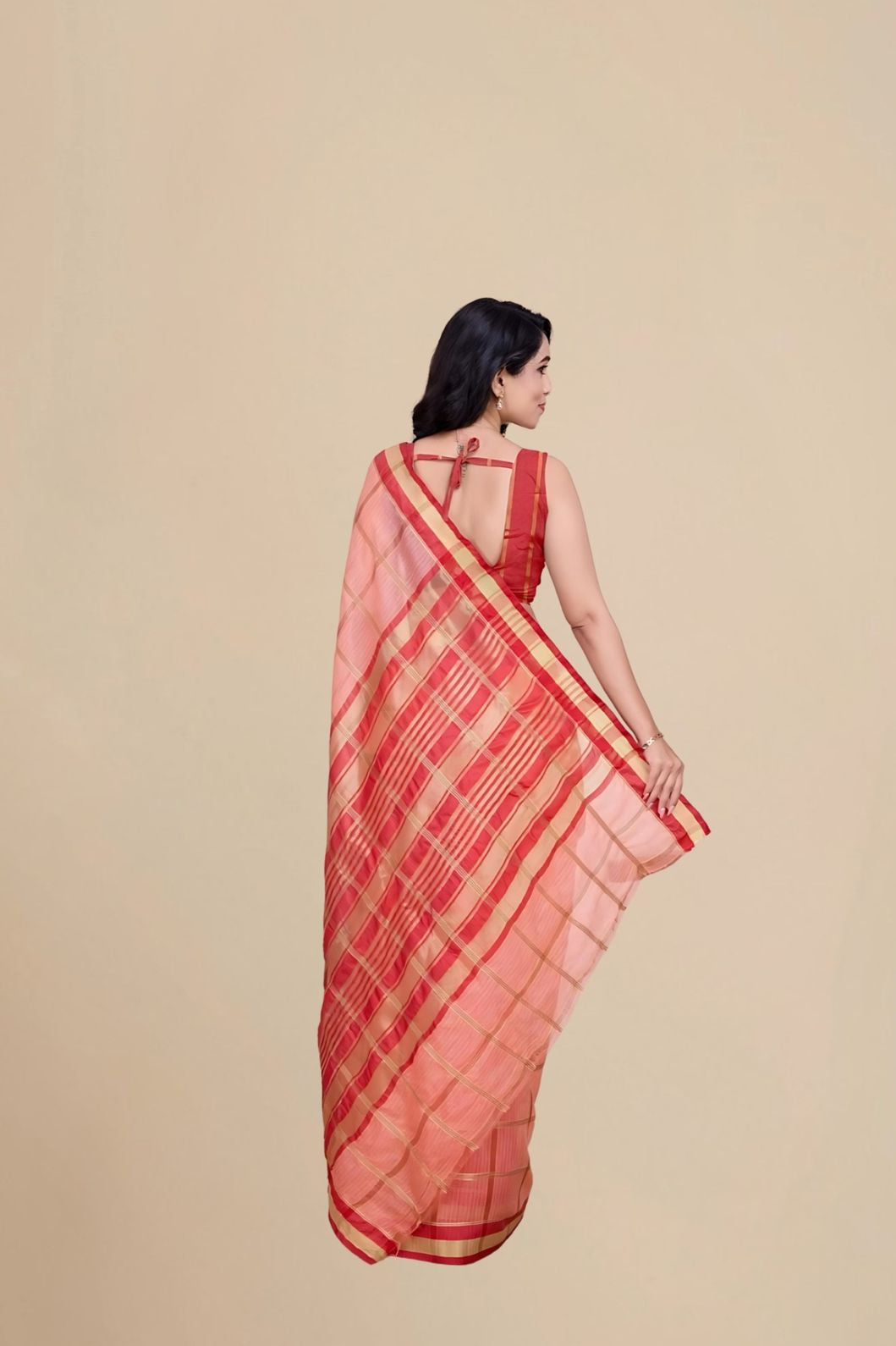 Back studio shot highlighting pallu design and blouse pairing