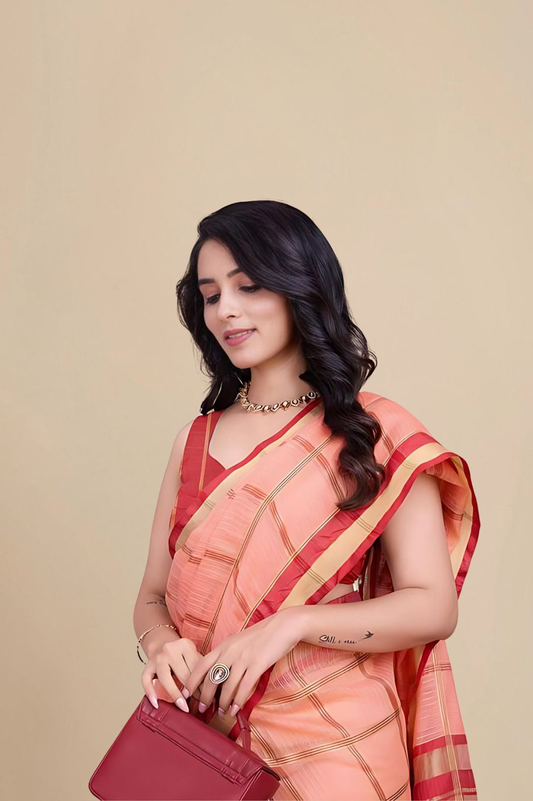 Studio front view capturing entire saree form in clarity