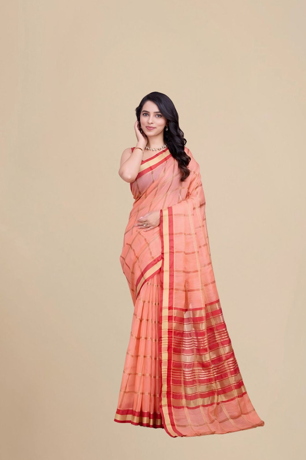 Studio front view capturing entire saree form in clarity