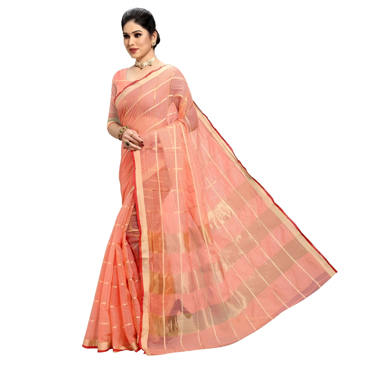 Rear view of open pallu, red blouse forming a vibrant backdrop to soft peach cotton
