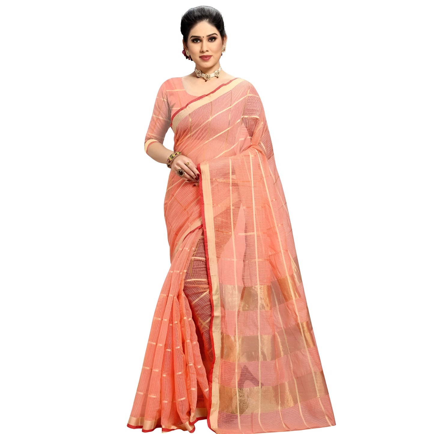 Model smiling gently, light playing across golden checks and airy folds