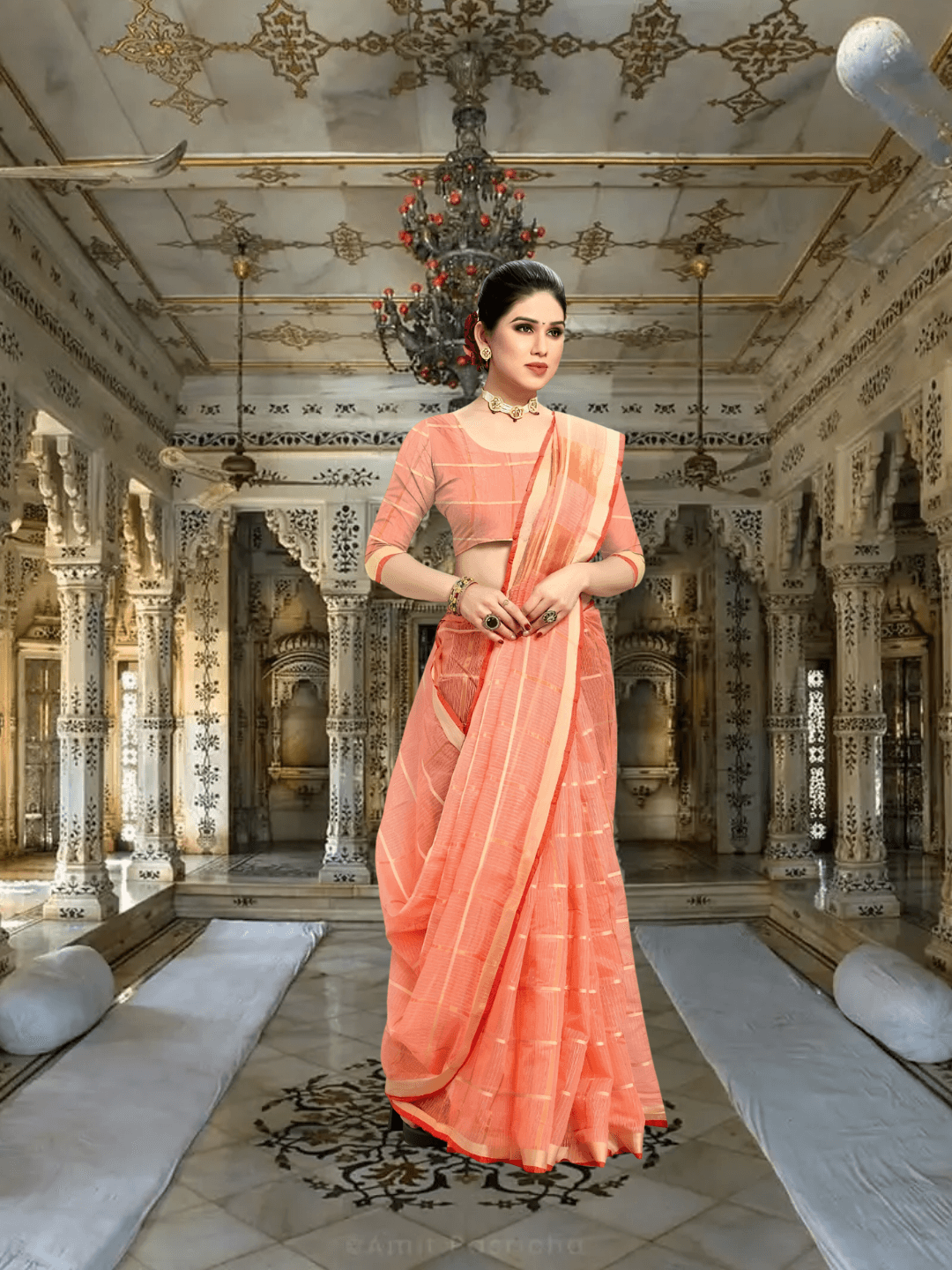 Close-up of pleats, showing the fine checkered weave and red border precision