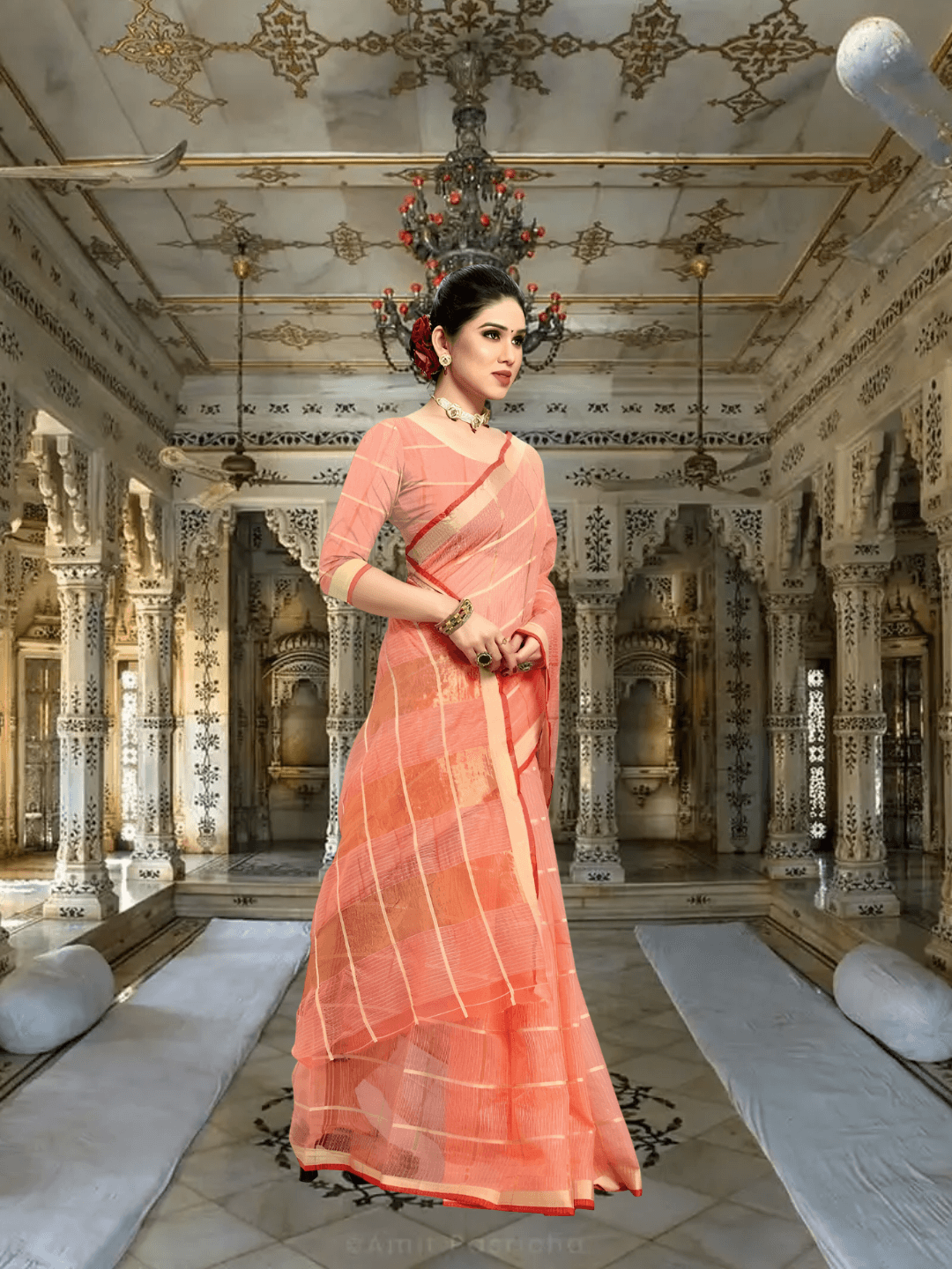 Peach Kota Doria saree displayed front-facing, golden checks shining against red contrast border