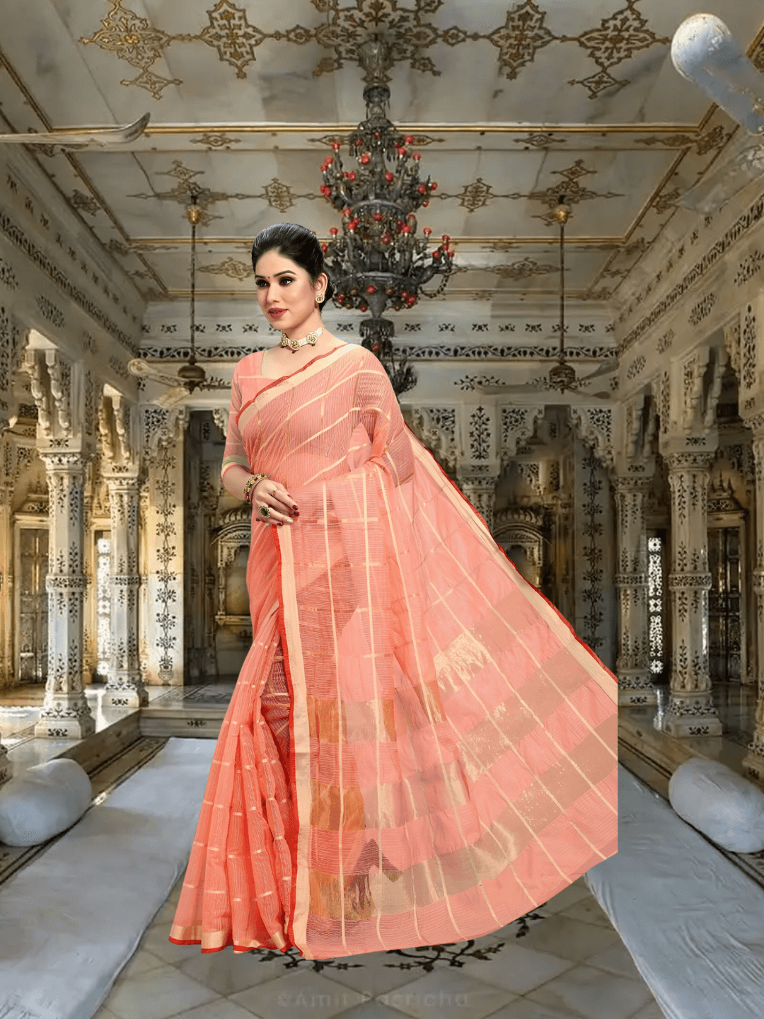 Macro texture showing feather-light Kota fabric with intricate check patterns and edge finish