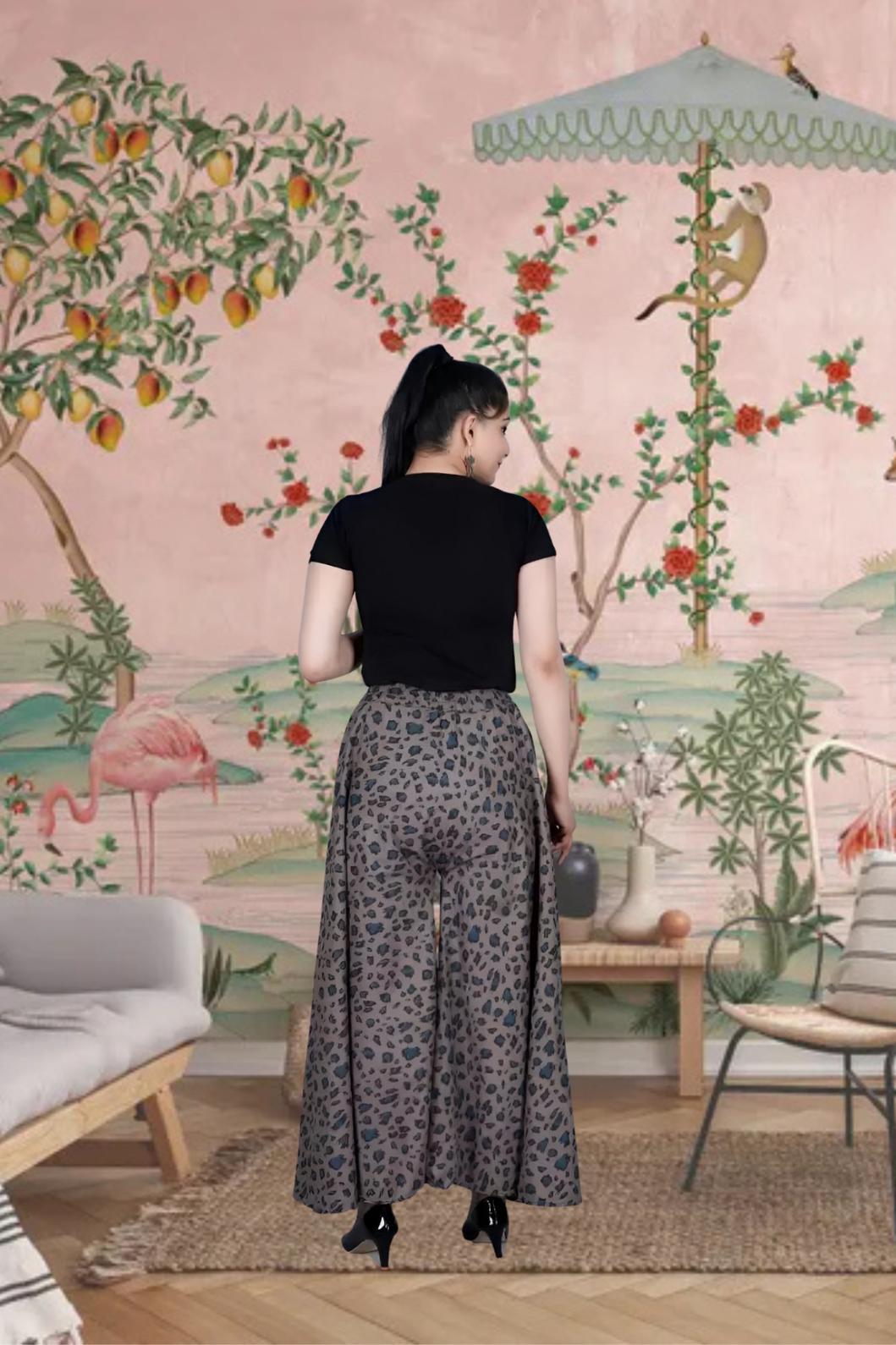 Back angle of grey cotton palazzo with elegant print