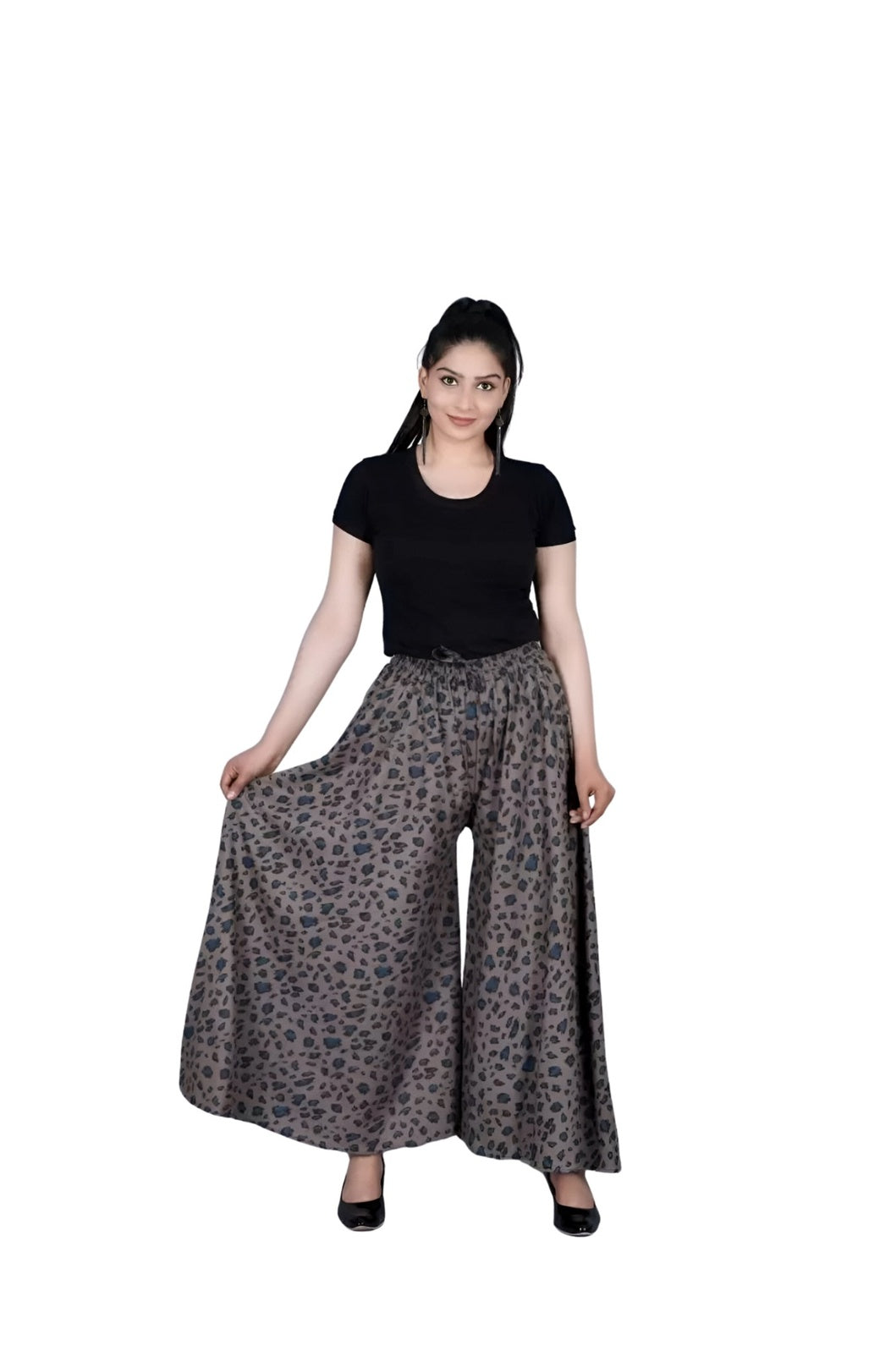 Studio front shot of grey cotton palazzo pants