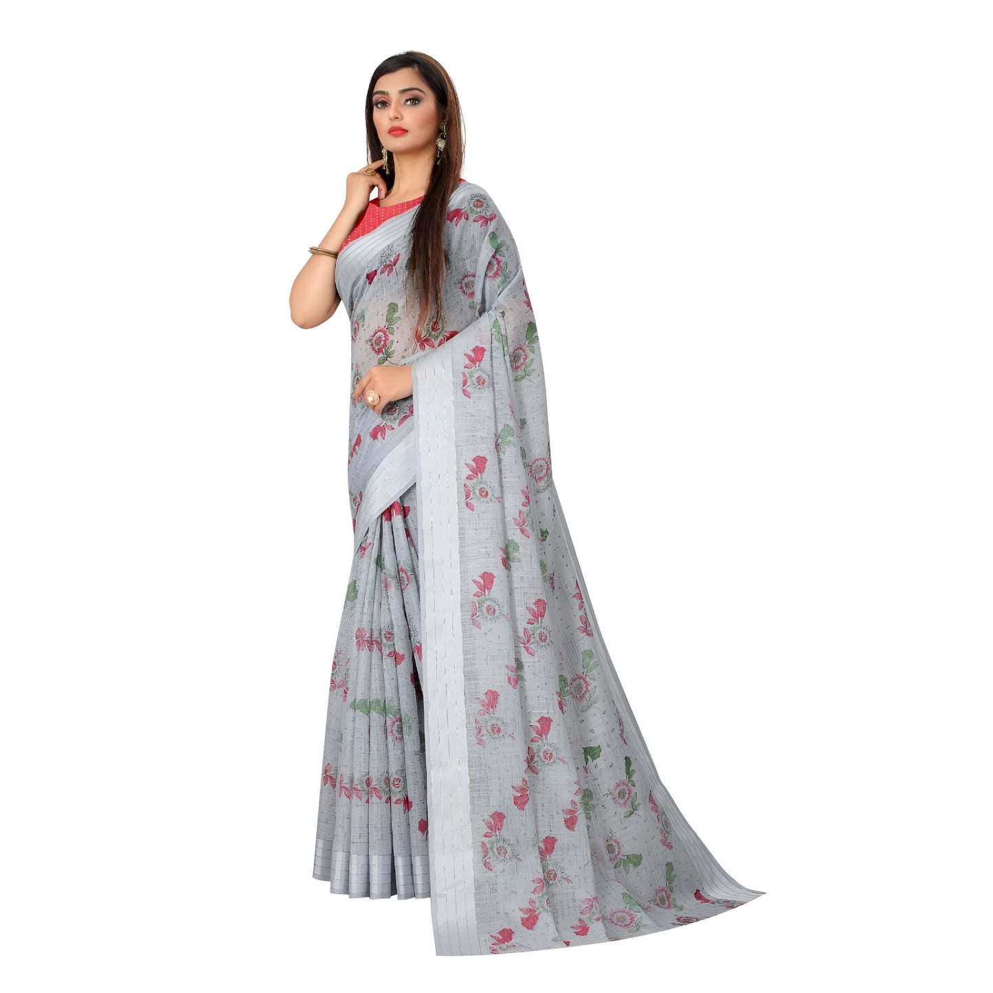 Straight pallu drape showing the light cotton fall of grey saree in studio lighting