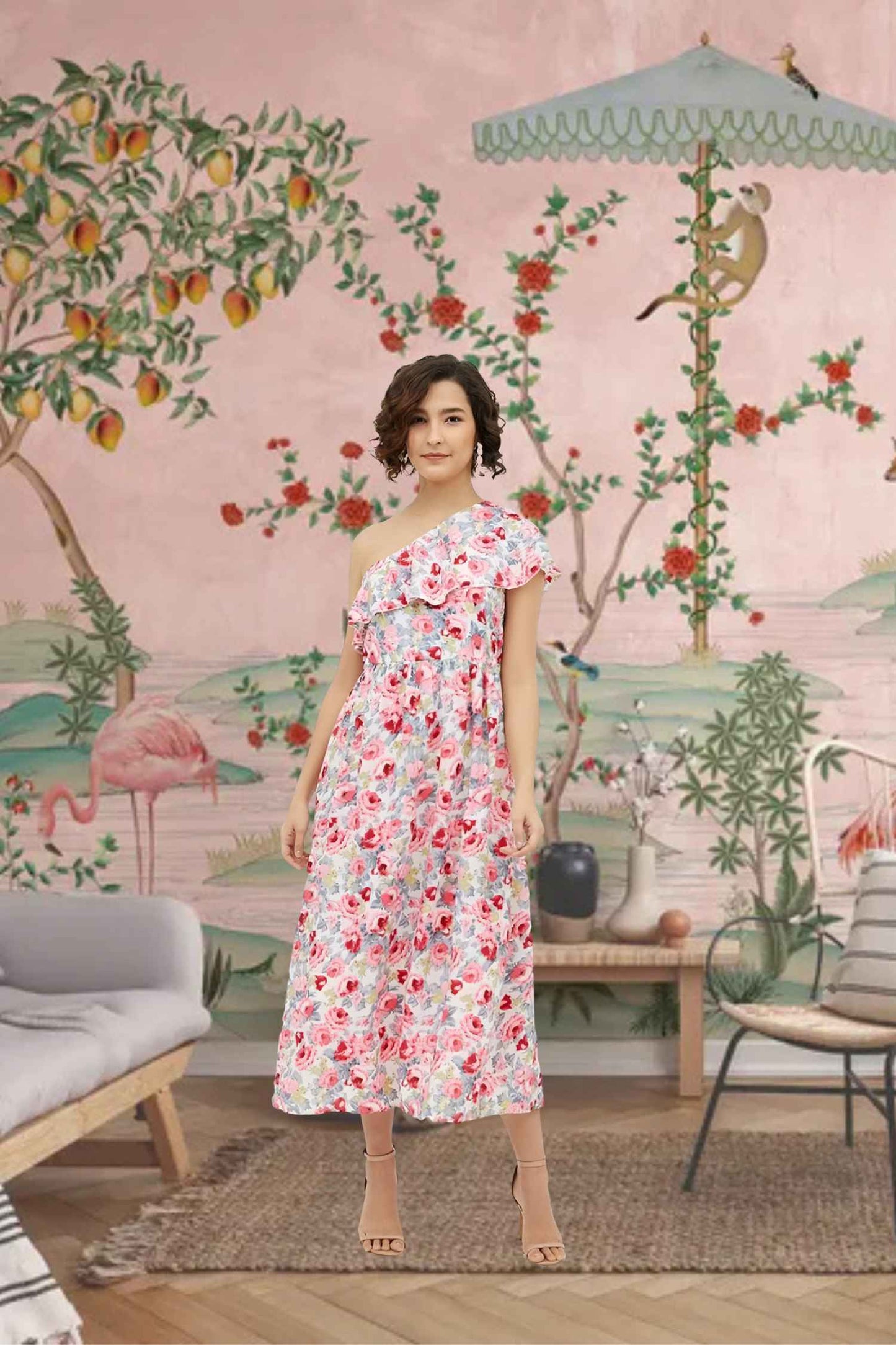 Front view of one-shoulder floral explosion