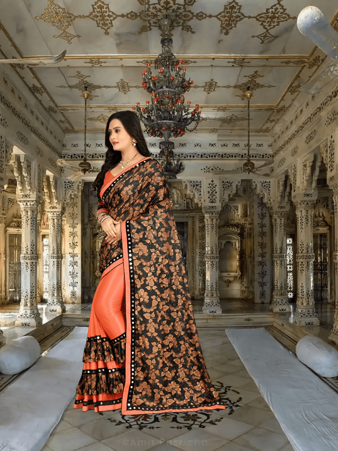 Orange-navy lycra saree