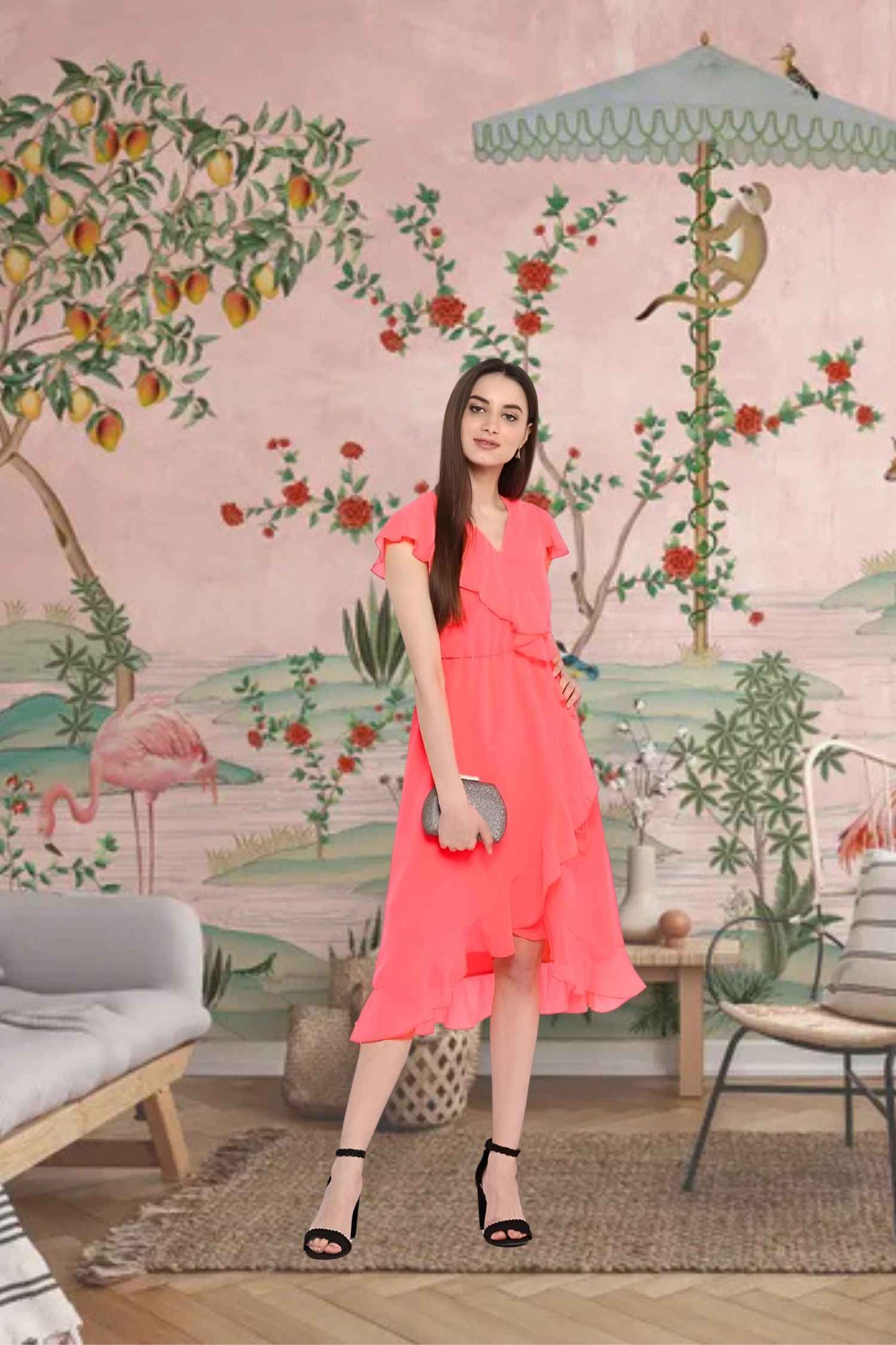 Front view: Ruffles cascading like wave foam