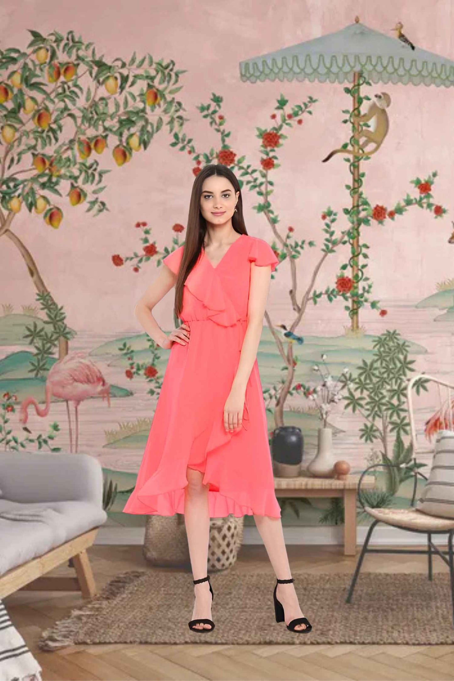 Front view: Ruffles cascading like wave foam