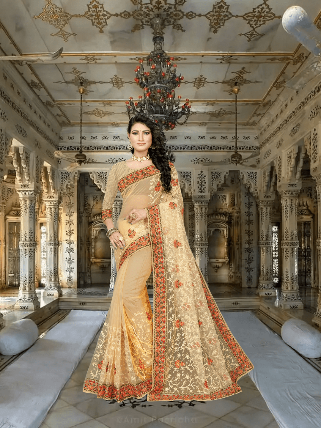 Close-up of translucent net over skin, embroidered vines framing collarbones