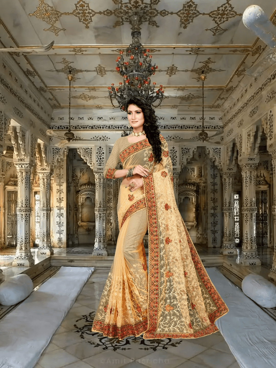 Model mid-step, saree flowing like frozen music, gold stitching catching light