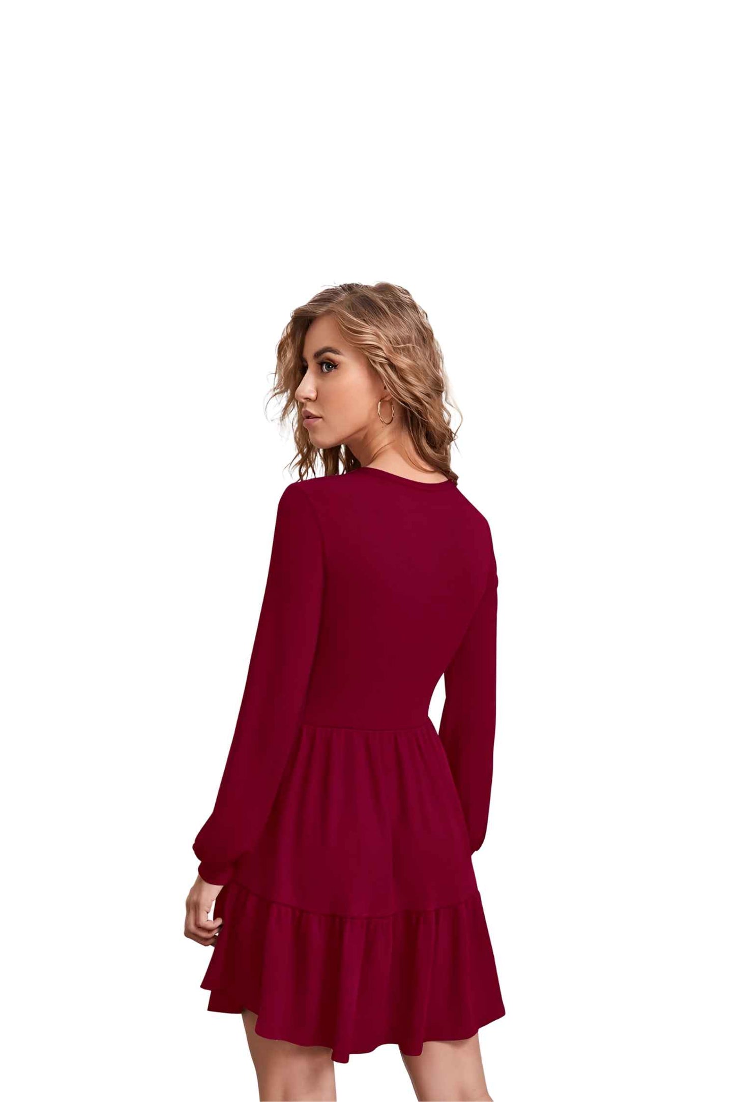 Back view of Crimson Aether dress without background highlighting full sleeves