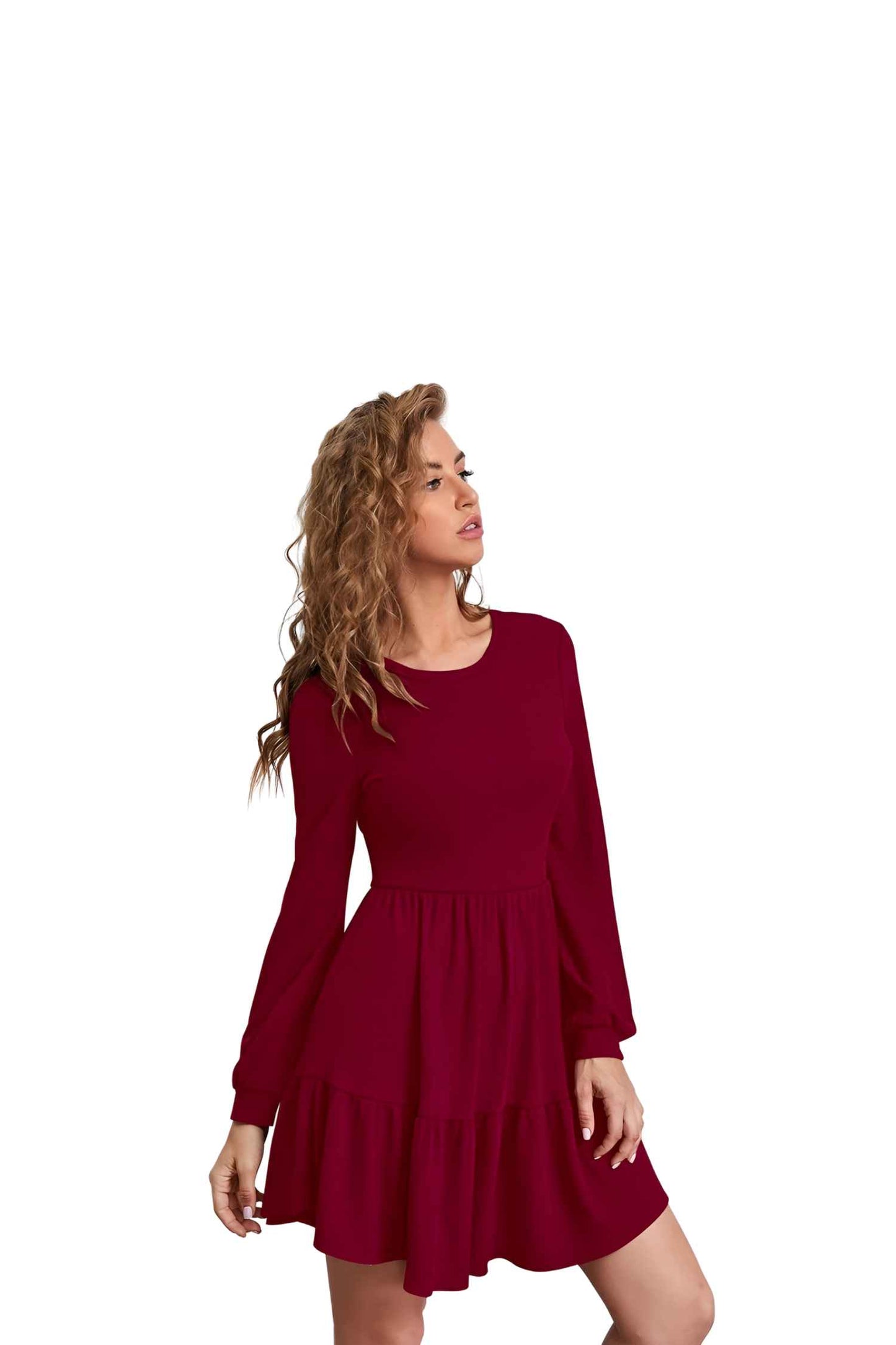 Flatlay of Crimson Aether Maroon dress showing shape and elegance