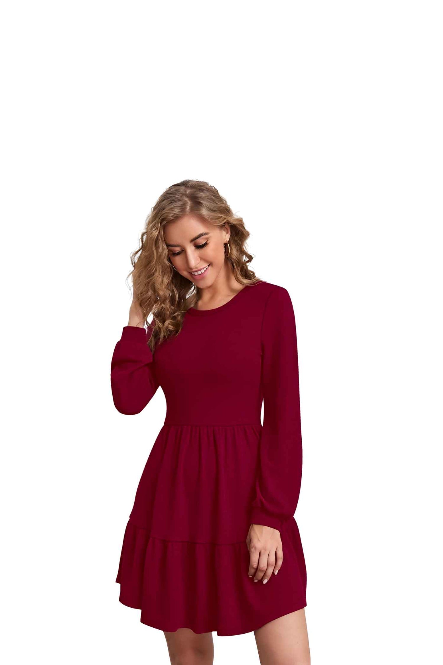Side view without background of Maroon dress showcasing curve-enhancing fit