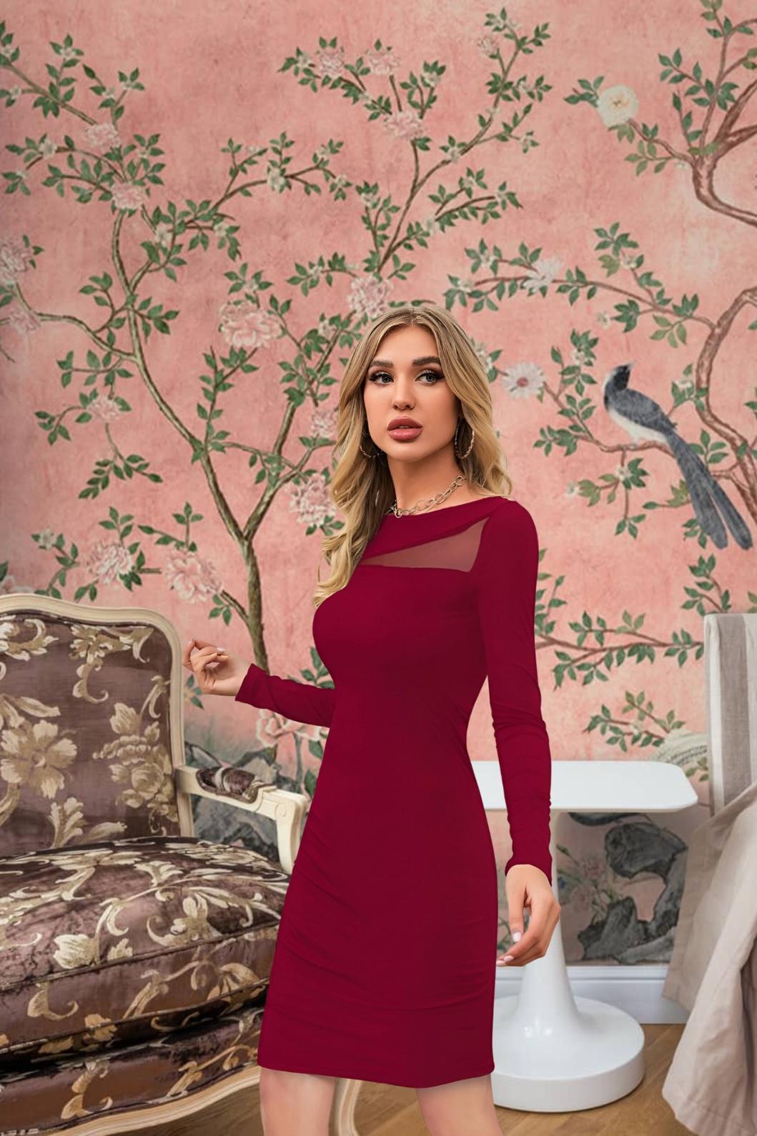 Model wearing Crimson Cadenza dress – bold red front view with attitude