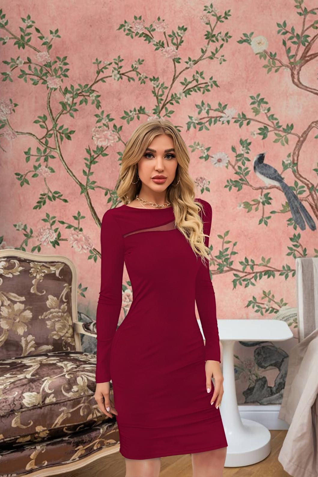 Model wearing Crimson Cadenza dress – bold red front view with attitude