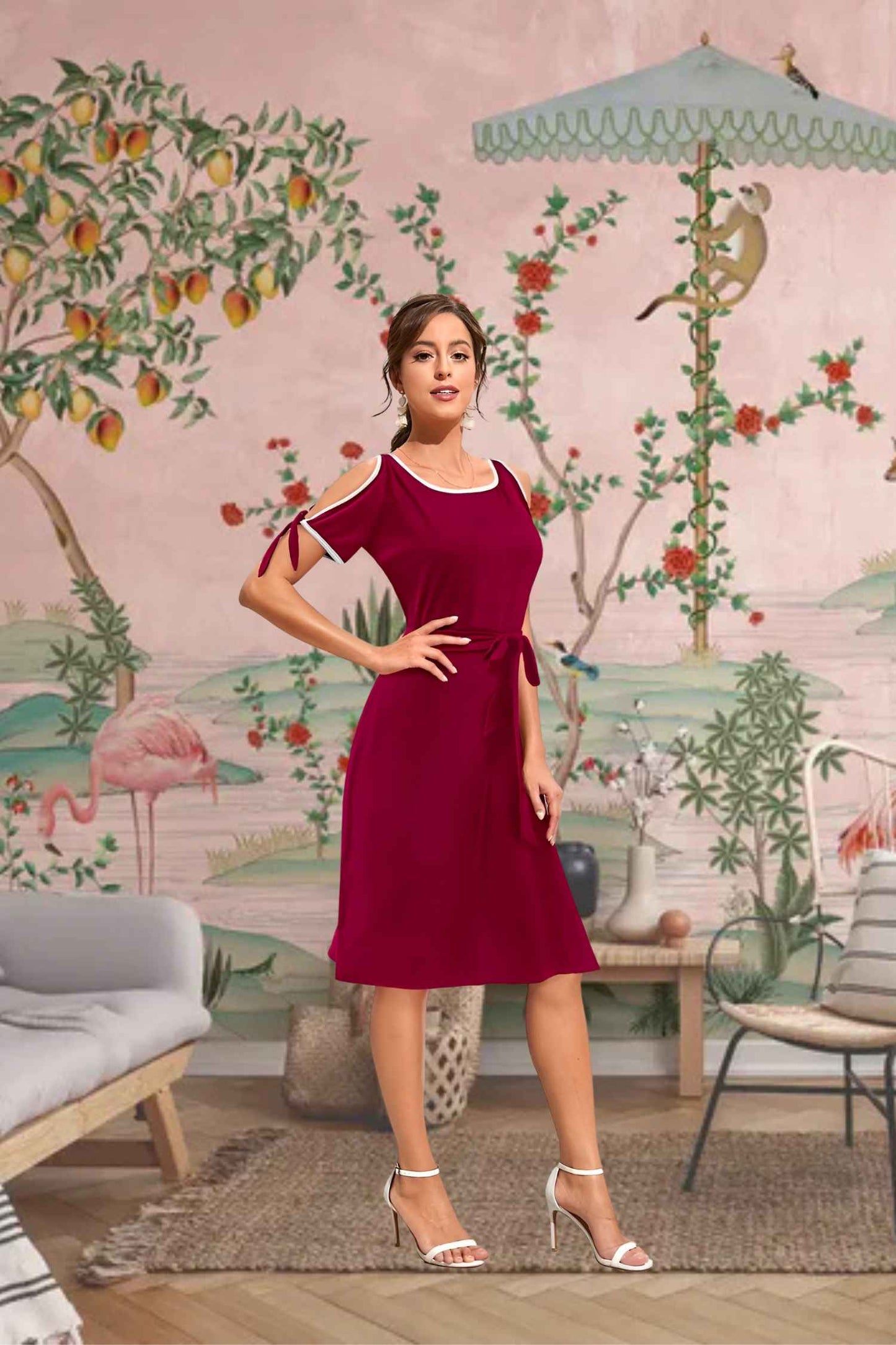 Detail of maroon knit texture and ribbon treachery