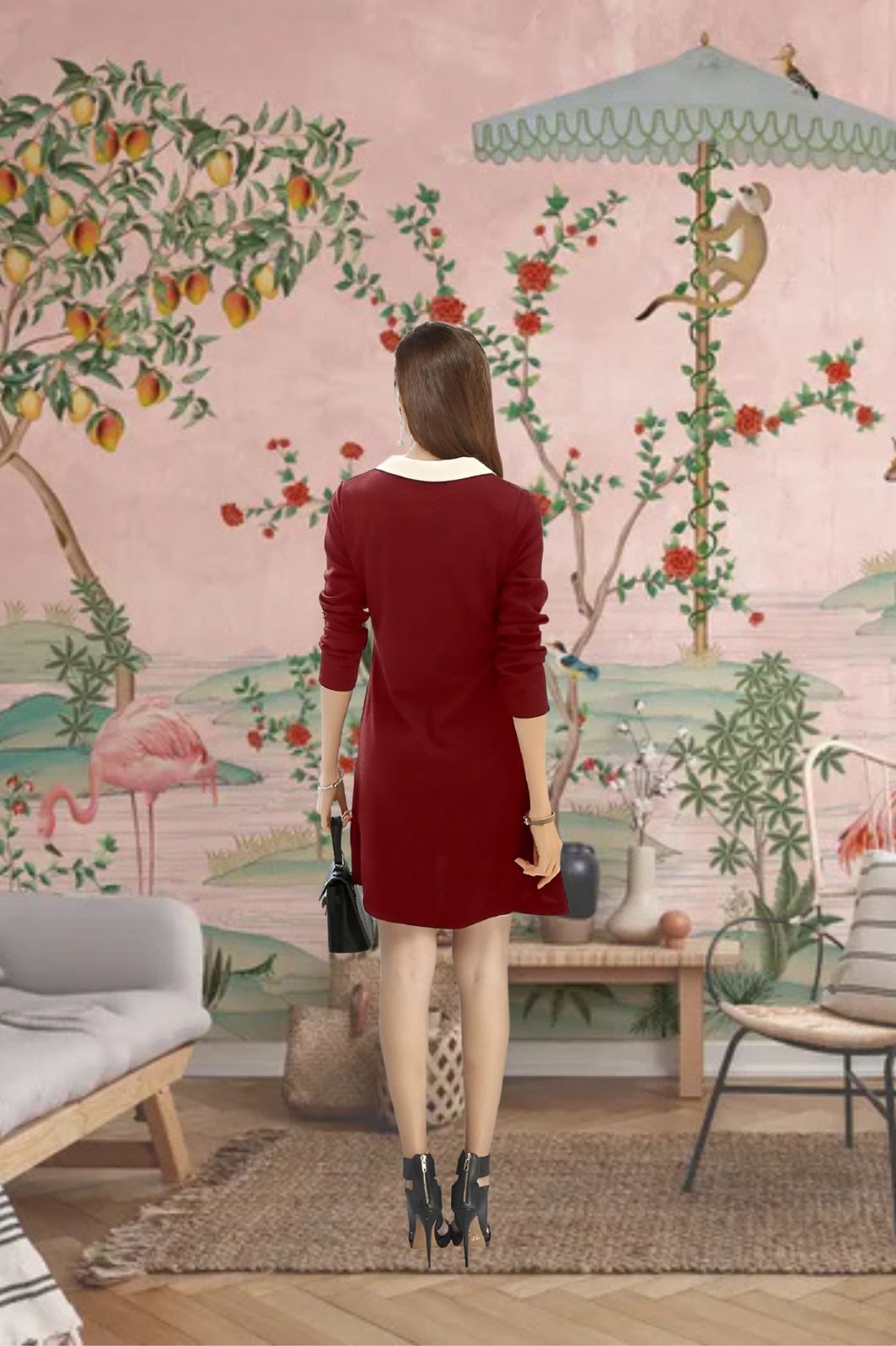 Back view showcasing fitted maroon silhouette and collar contrast