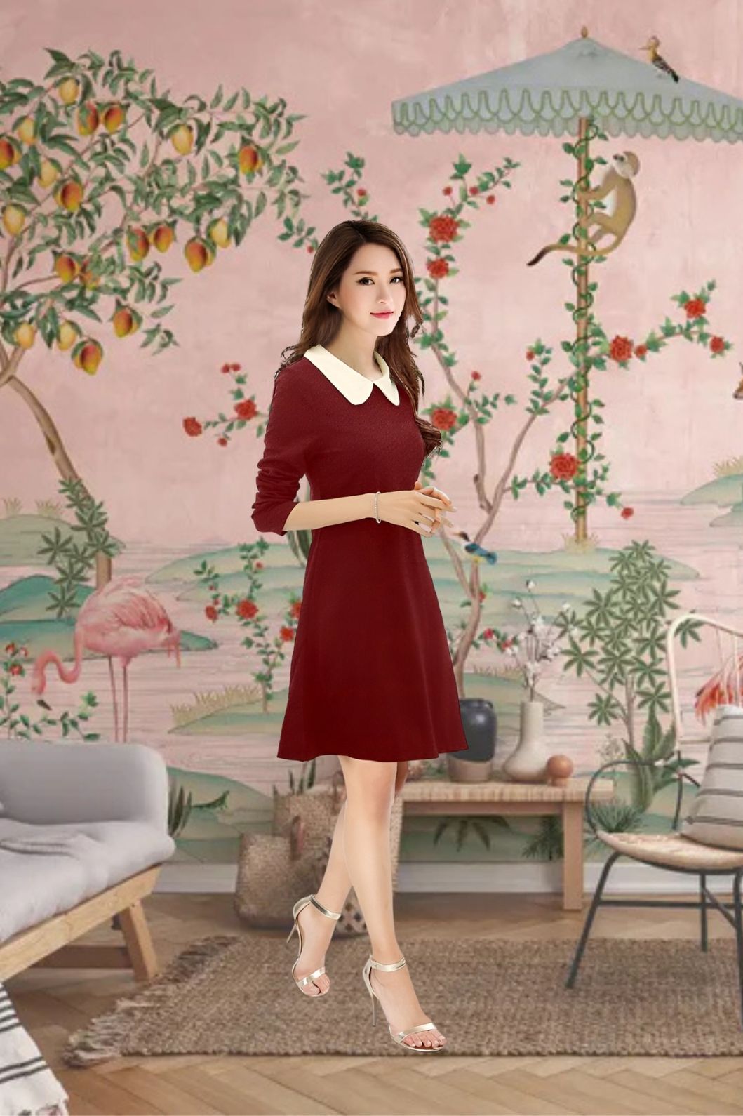 Closeup of white collar against deep maroon tone