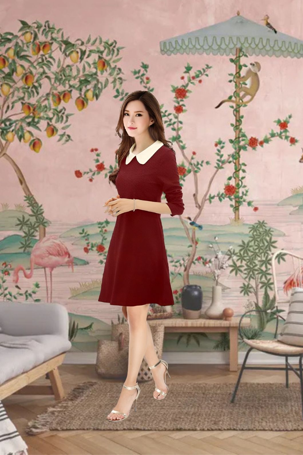 Closeup of white collar against deep maroon tone