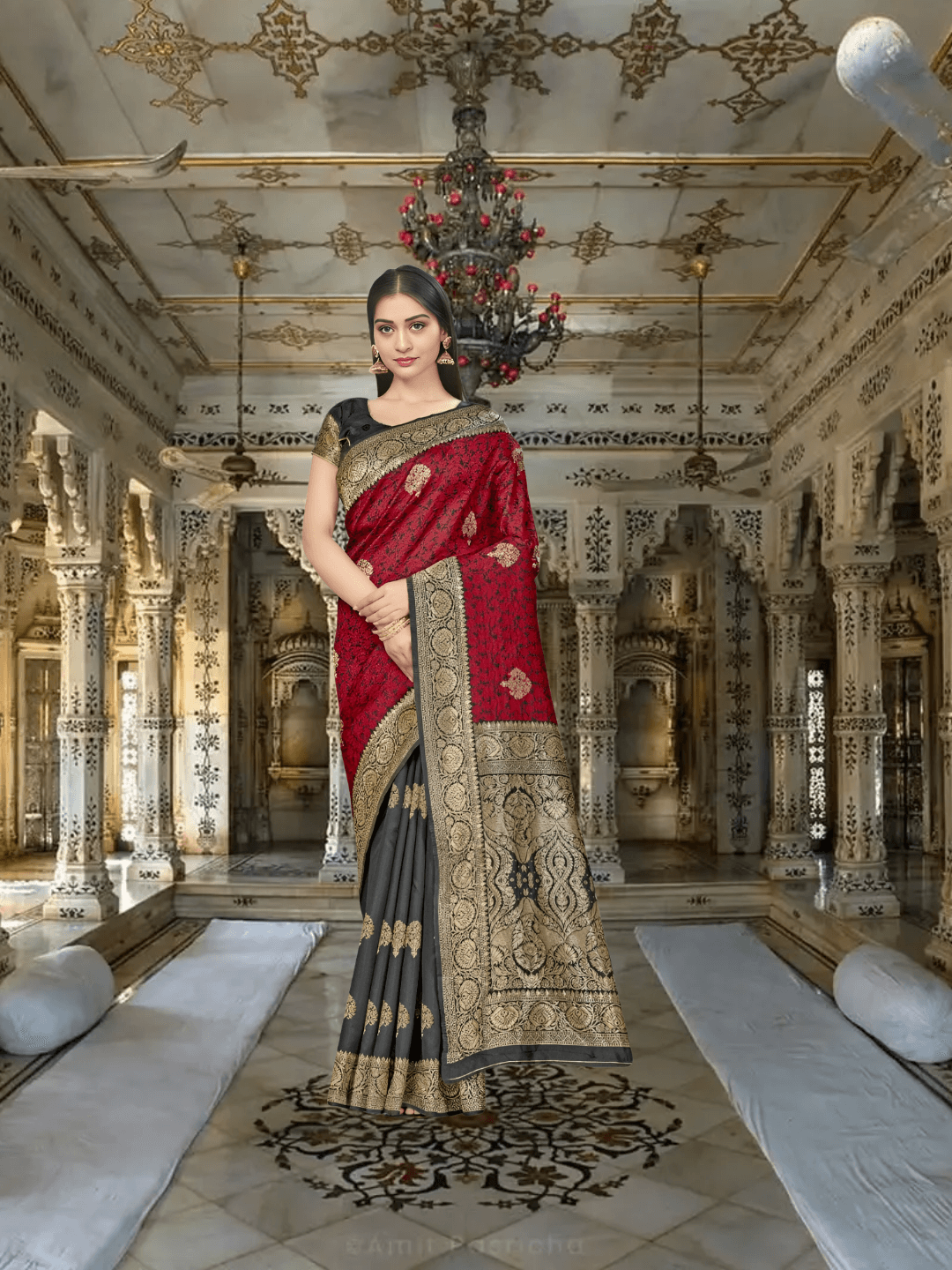 Red-black saree, gold borders refracting like damned souls
