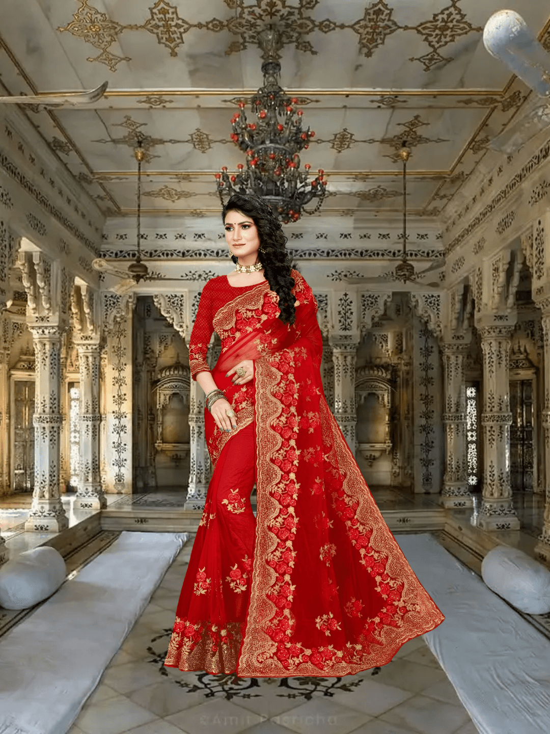 Macro of Rococo gold border against red net, each swirl a miniature masterpiece