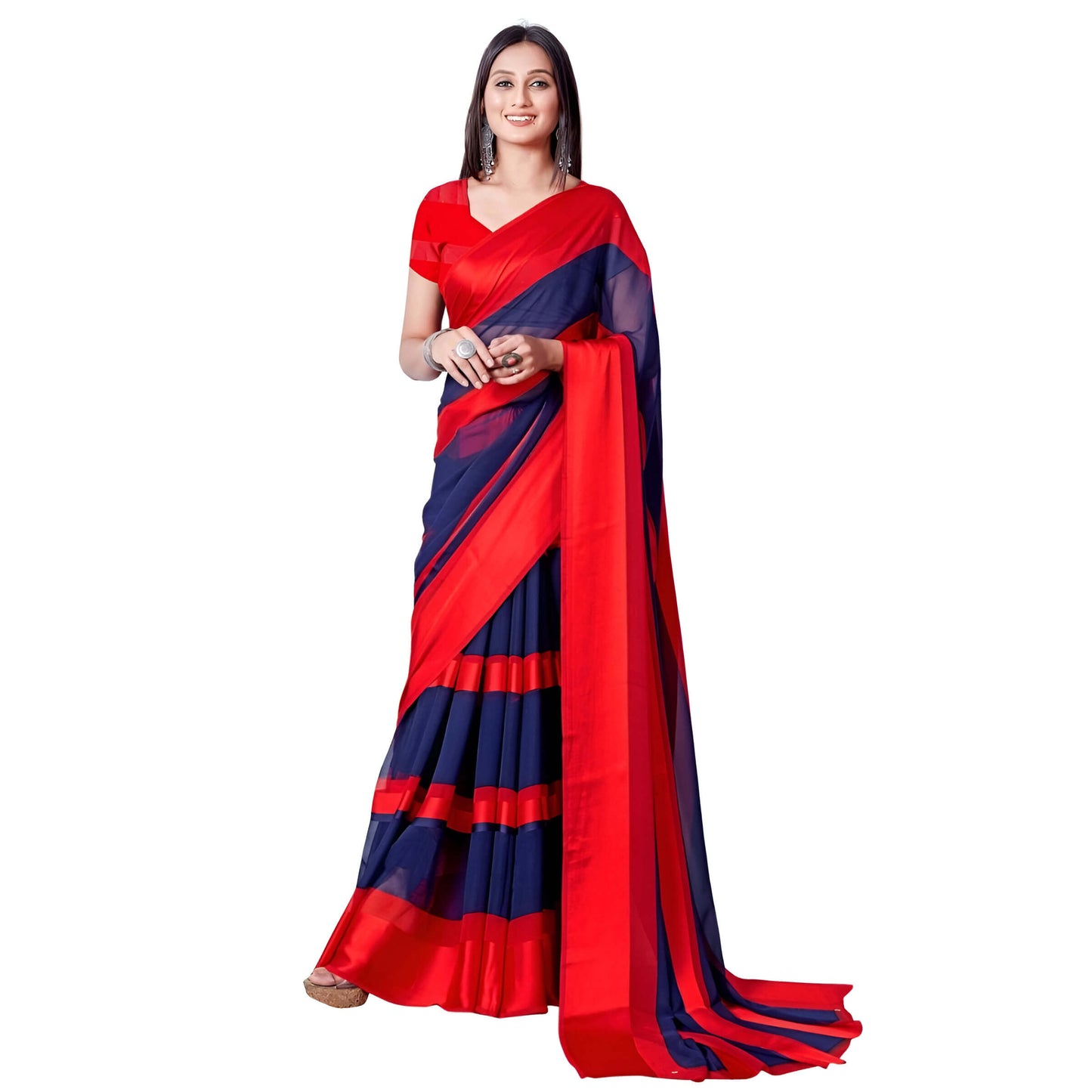 Model twirling red-to-navy solid saree at palace