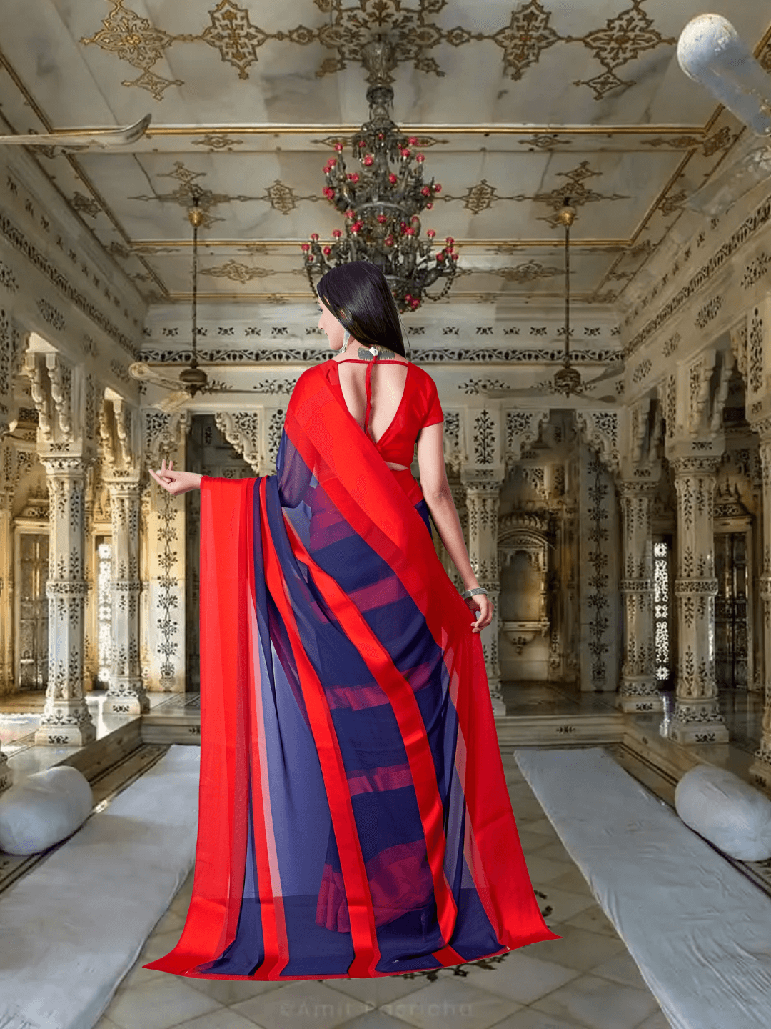 Woman walking in solid ombre saree with gradient pallu flow