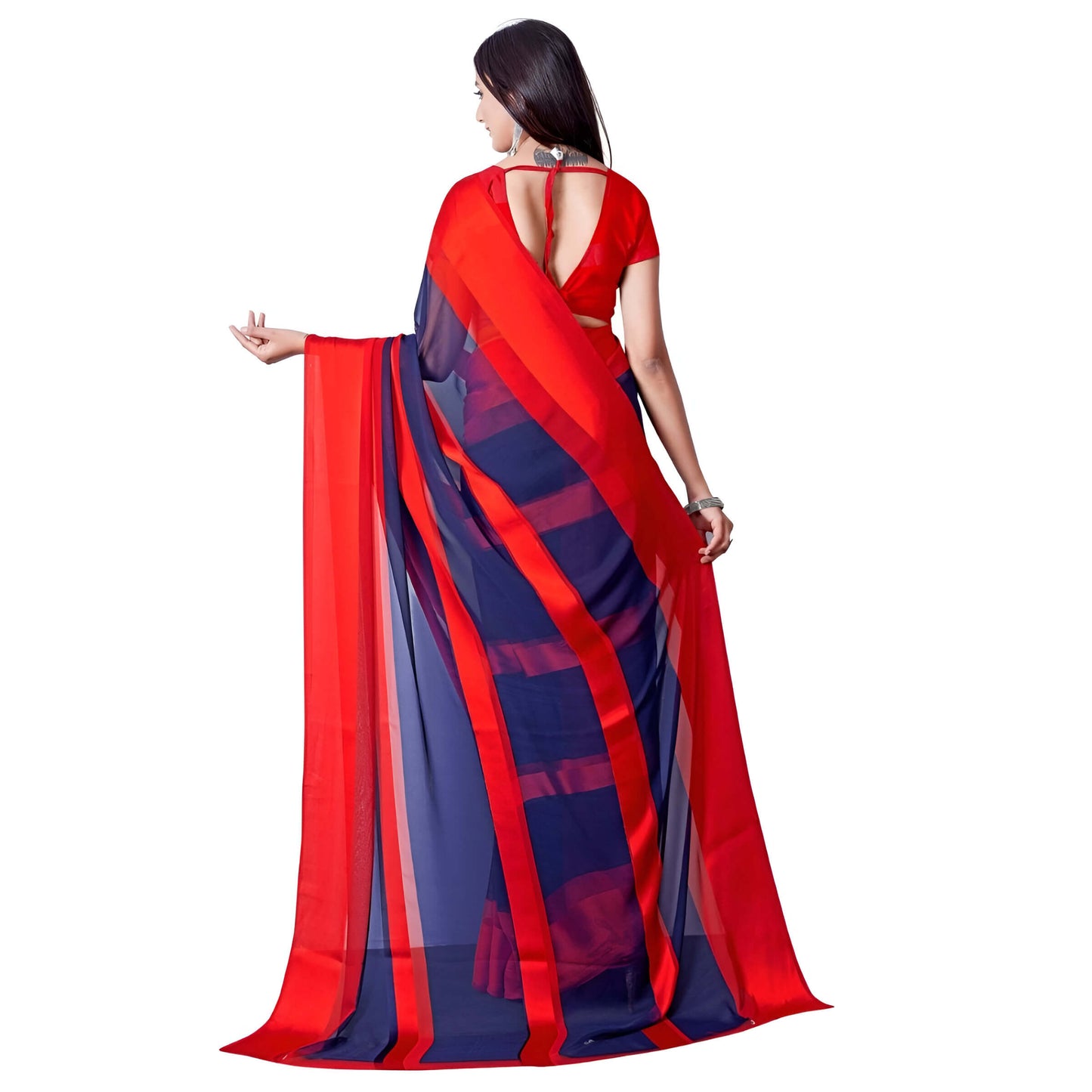 Woman walking in solid ombre saree with gradient pallu flow