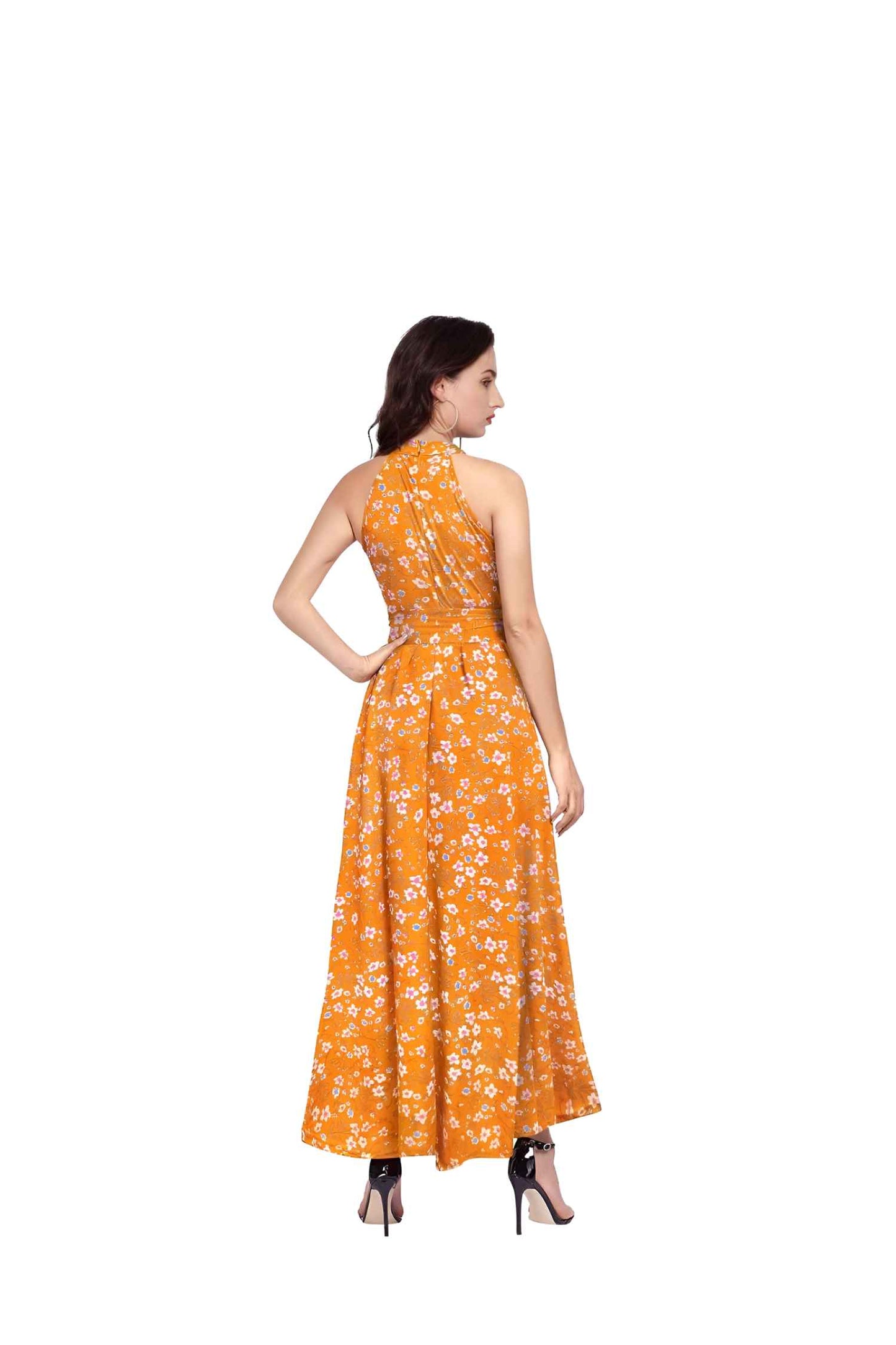 Back angle of sleeveless yellow daisy dress showing halter straps and fitted silhouette, clean white background
