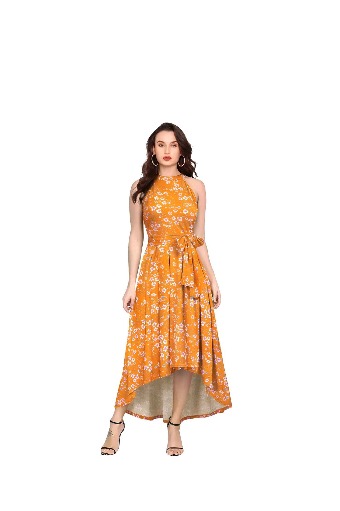 Front view of yellow halter-neck floral dress with vibrant daisy print, isolated on white background