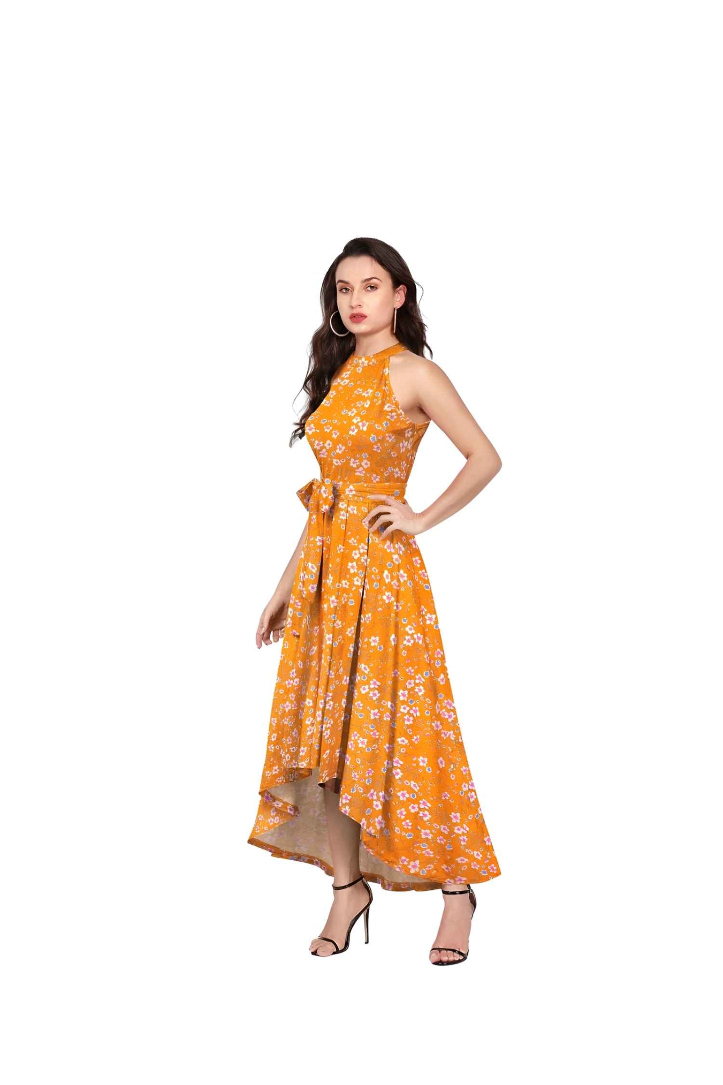 Side profile of yellow floral dress with playful above-knee hemline, isolated on pure white