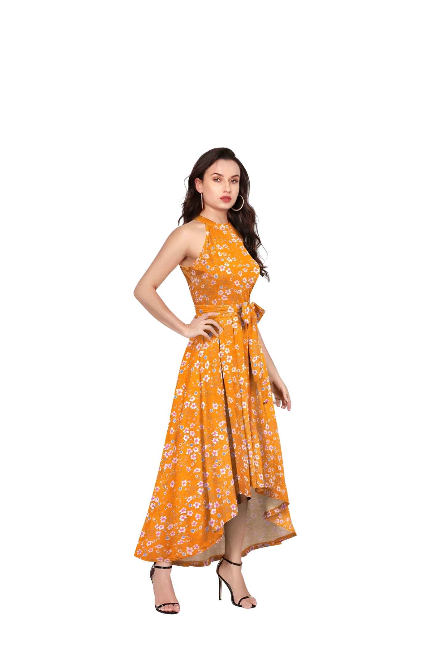 Side profile of yellow floral dress with playful above-knee hemline, isolated on pure white