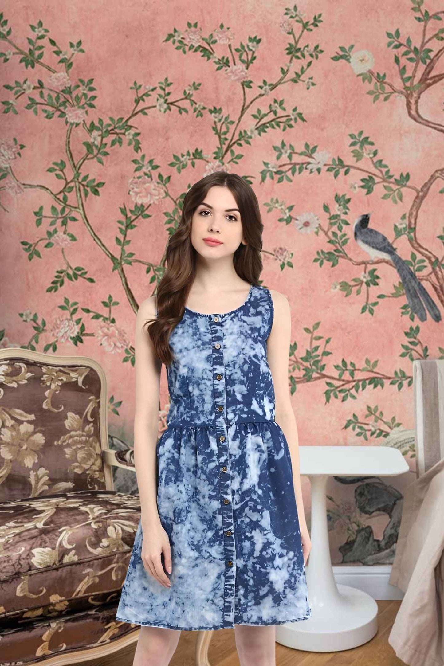 Front view of swirling blue tie-dye pattern