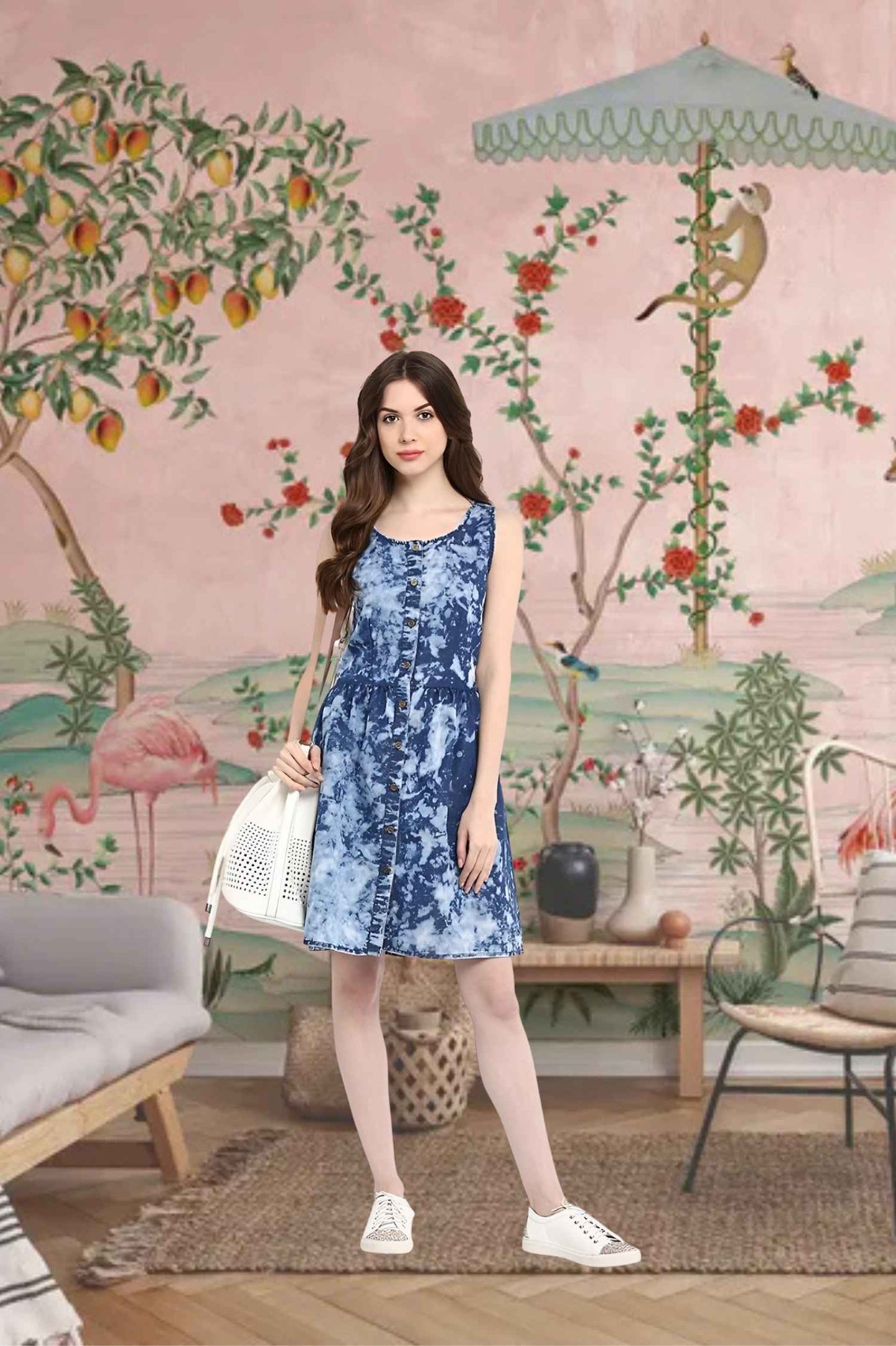 Front view of swirling blue tie-dye pattern