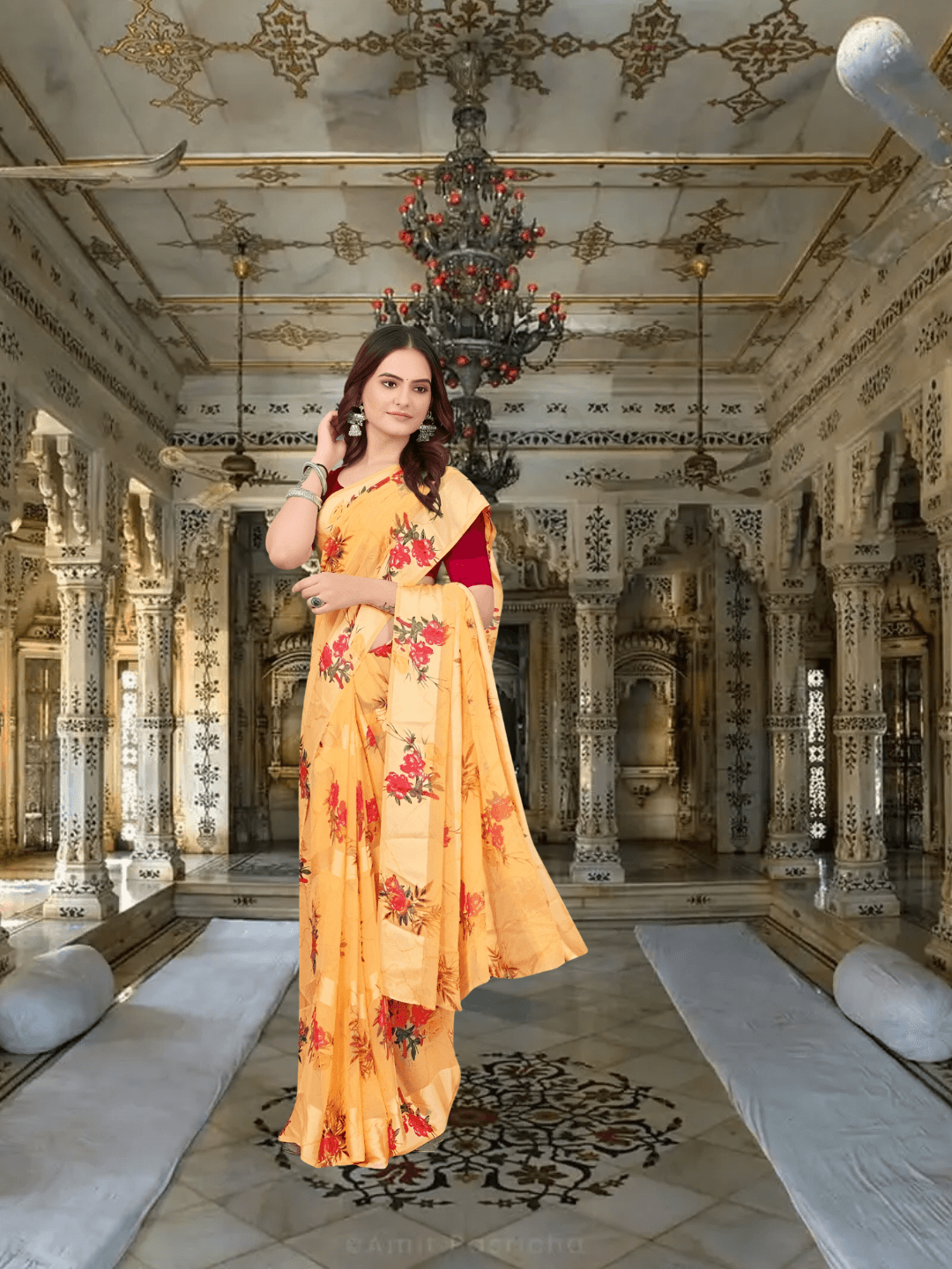 Beige satin patta saree flowing in desert wind