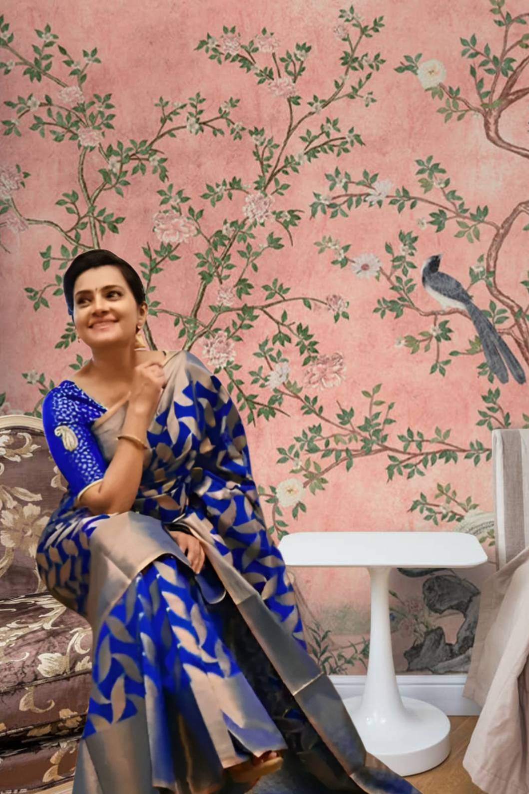 Front view of divine blue Litchi silk printed saree in temple-like palace setting