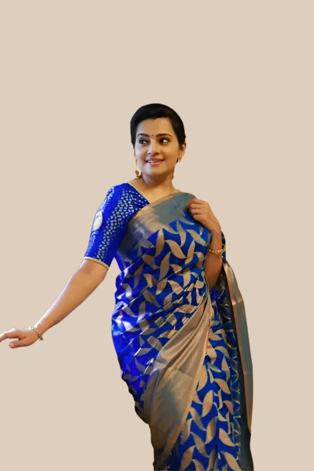 Studio front angle of blue printed Litchi silk saree