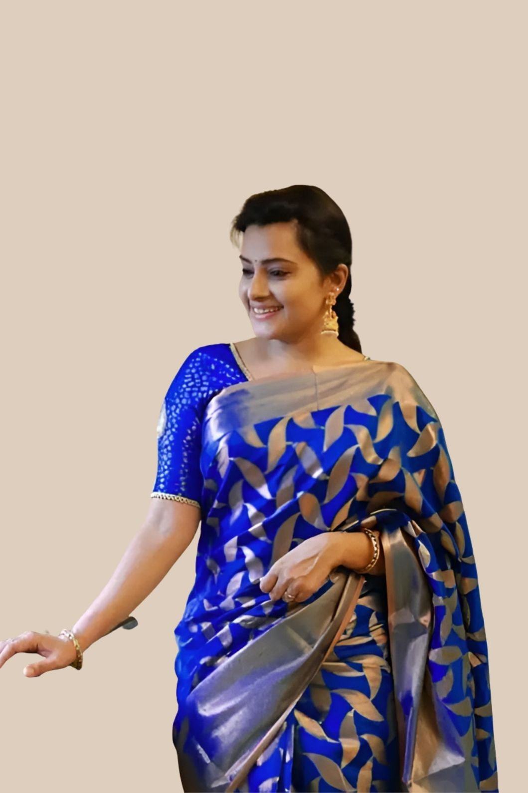 Studio front angle of blue printed Litchi silk saree