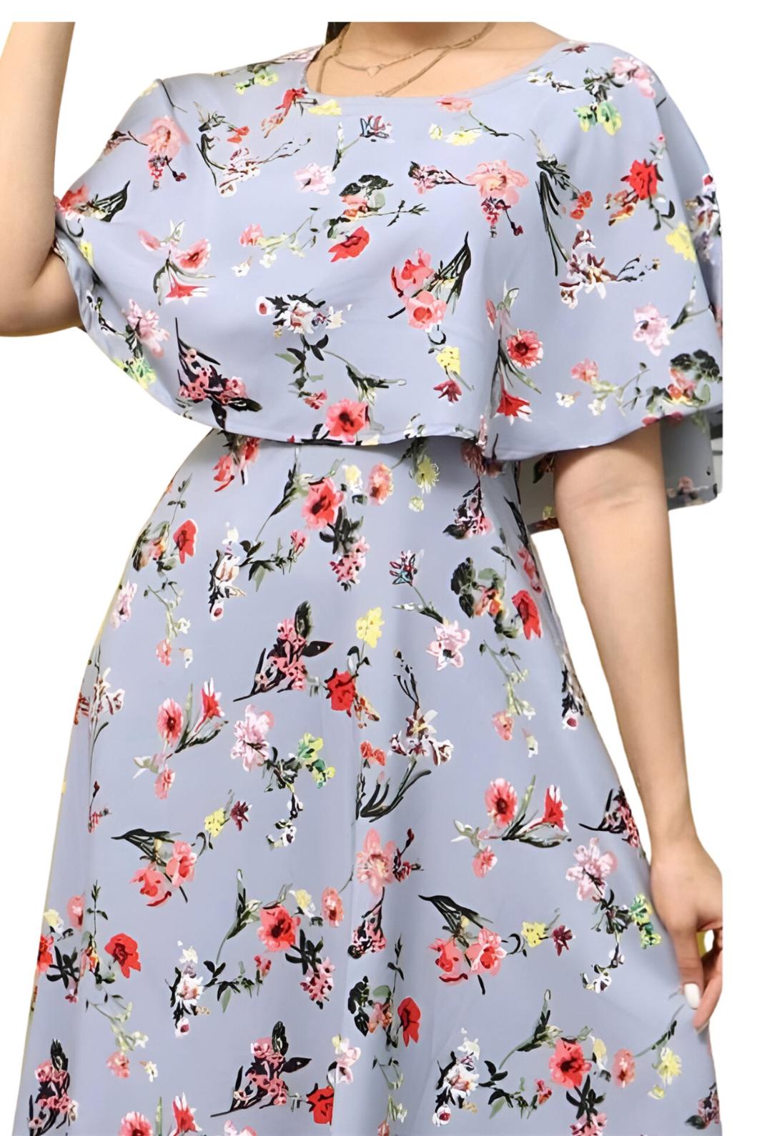Closeup view of light grey floral gown for women