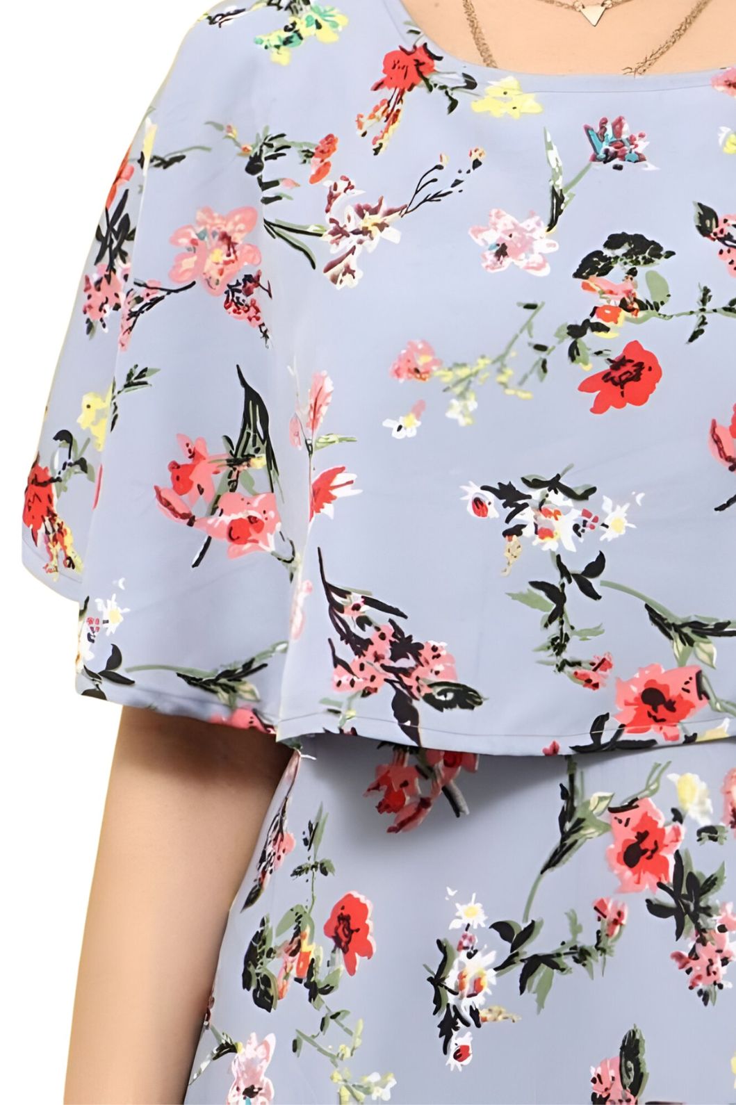 Closeup view of light grey floral gown for women