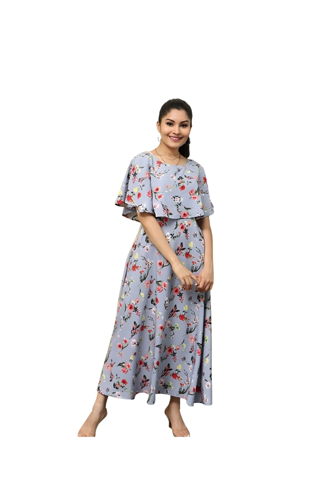 Studio front image of CELESTINA light grey floral crepe gown