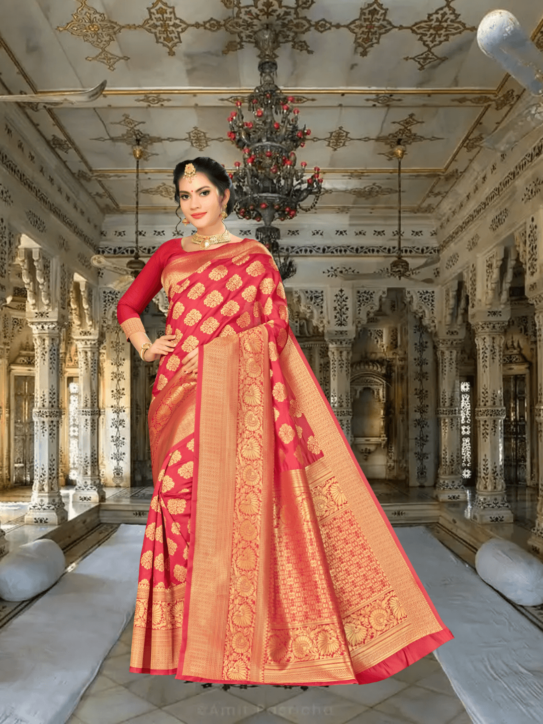 Model draped in wine red Banarasi silk saree with gold motifs, posing in royal interior