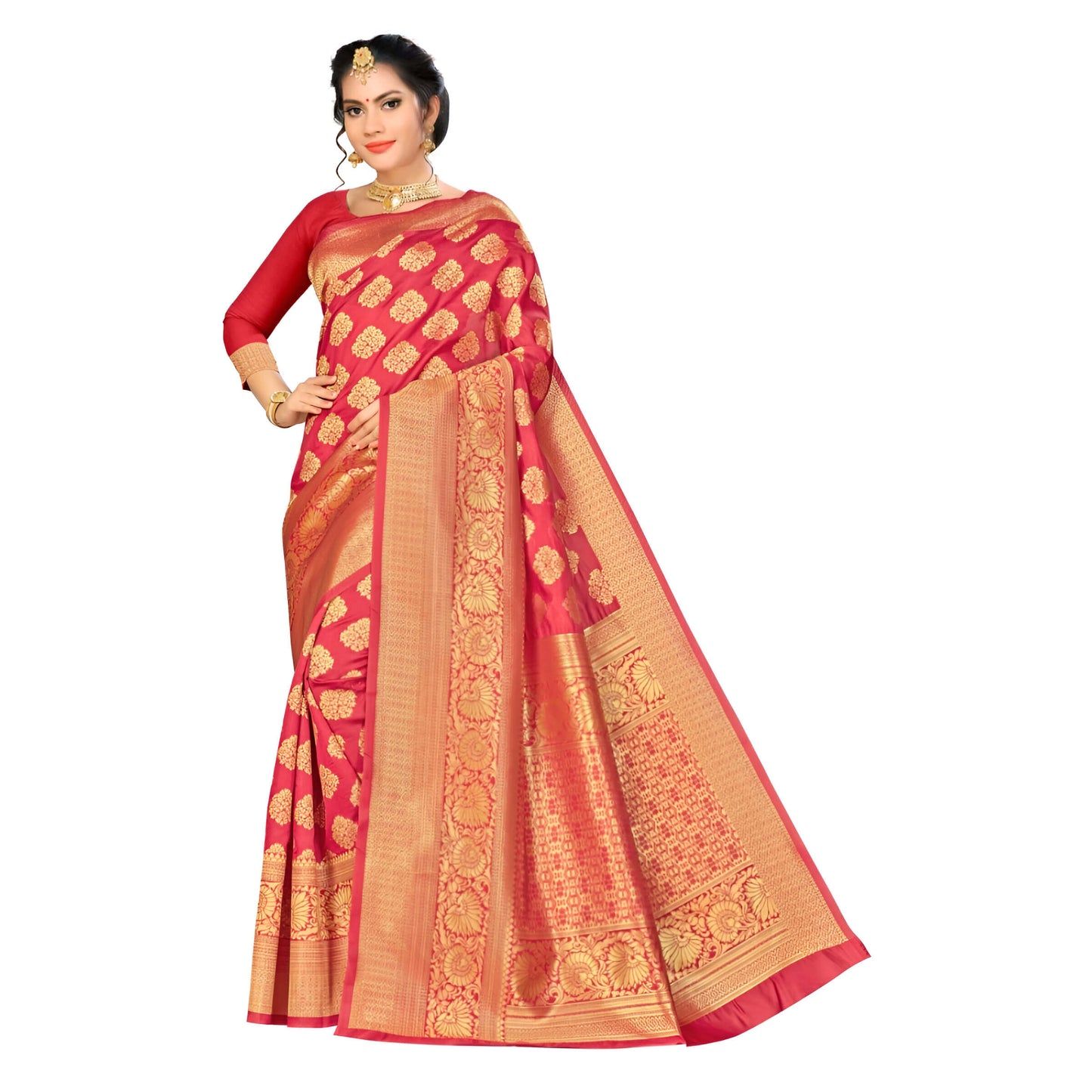 Studio image of red Banarasi silk saree with golden motifs and rich zari borders
